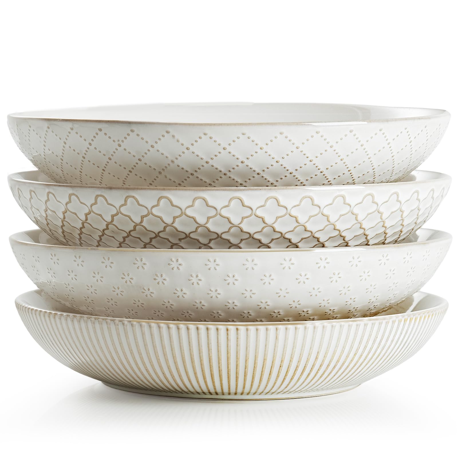 getstarPasta Bowls, Large Salad Serving Bowls (7.6 inch & 22 oz), Ceramic Bowl Plates Set of 4, Farmhouse Embossments, Microwave and Dishwasher Safe