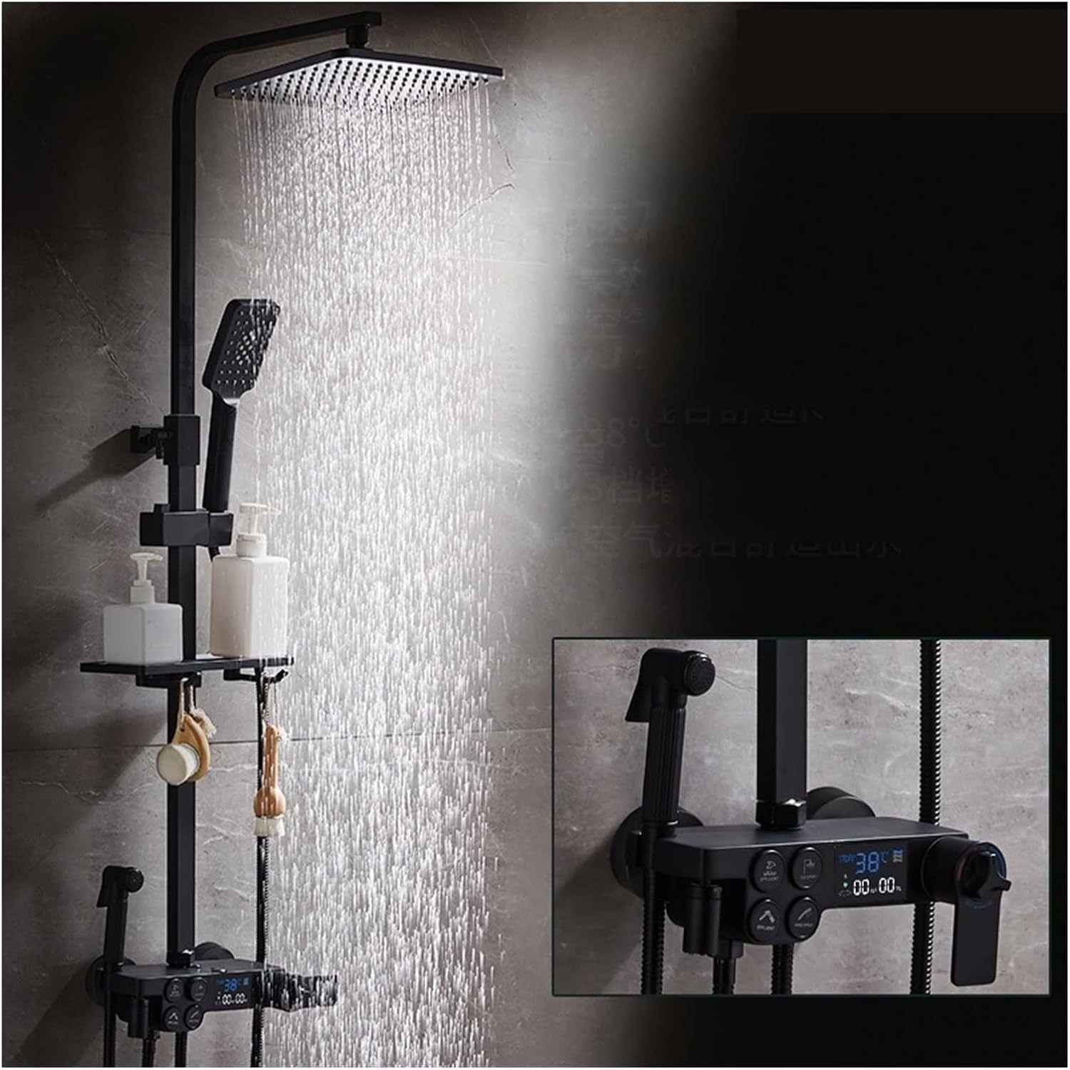 Ensemble de douche de salle de bain noir mat avec ciel de pluie