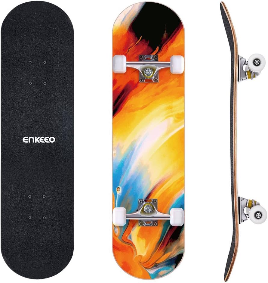ENKEEO 32" Skateboard Complete 9 Ply Maple Wood Double Kick Concave Skateboards, ABEC-9 Tricks Stake Board for Beginners and Pro