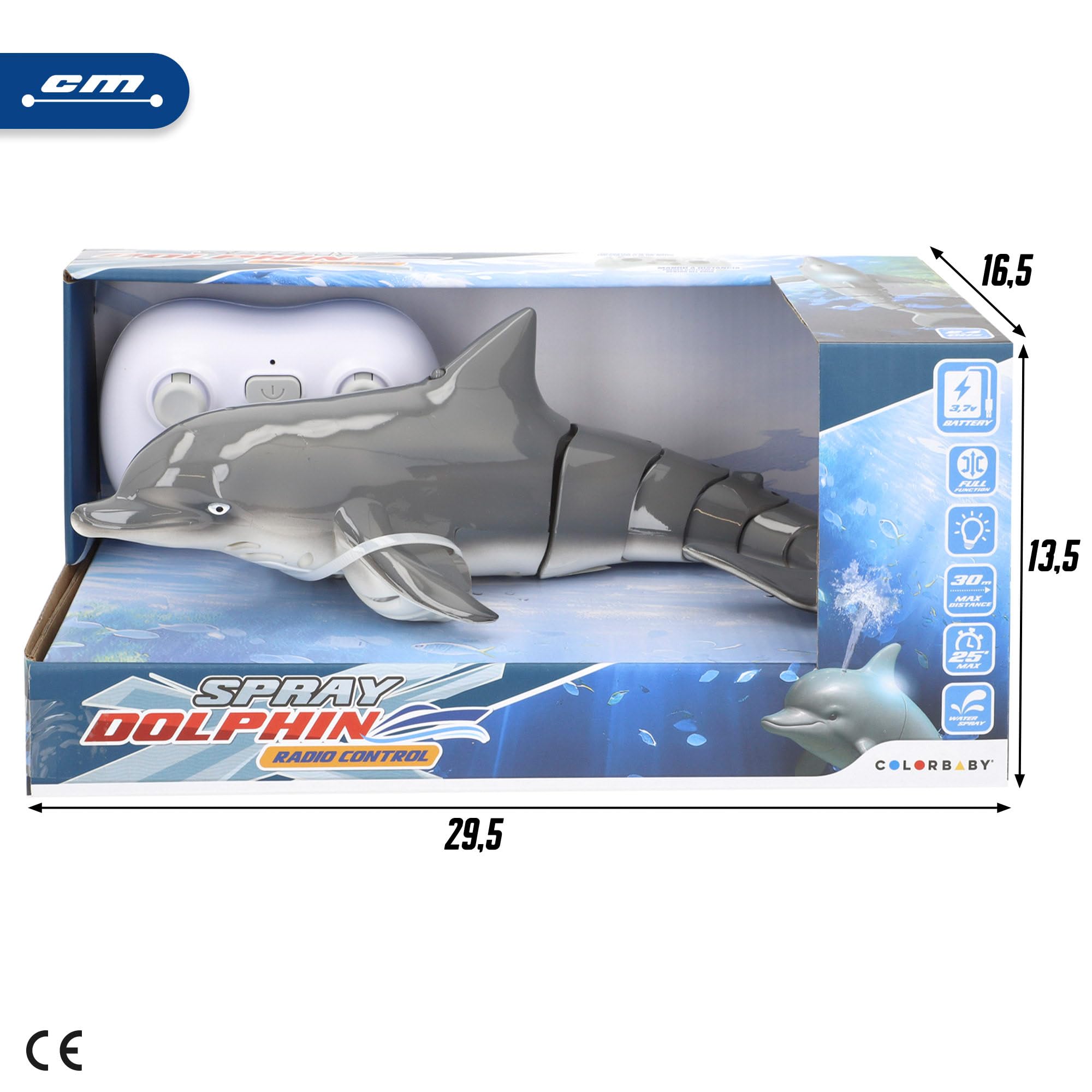 ColorBaby Racing Boat Delfín de Juguete teledirigido, 35x12x10 cm, Mando Sumergible, 6 direcciones, Frecuencia 2.4 GHz, Alcance 30 Metros, Autonomía 25 Minutos, +3 años (39730)