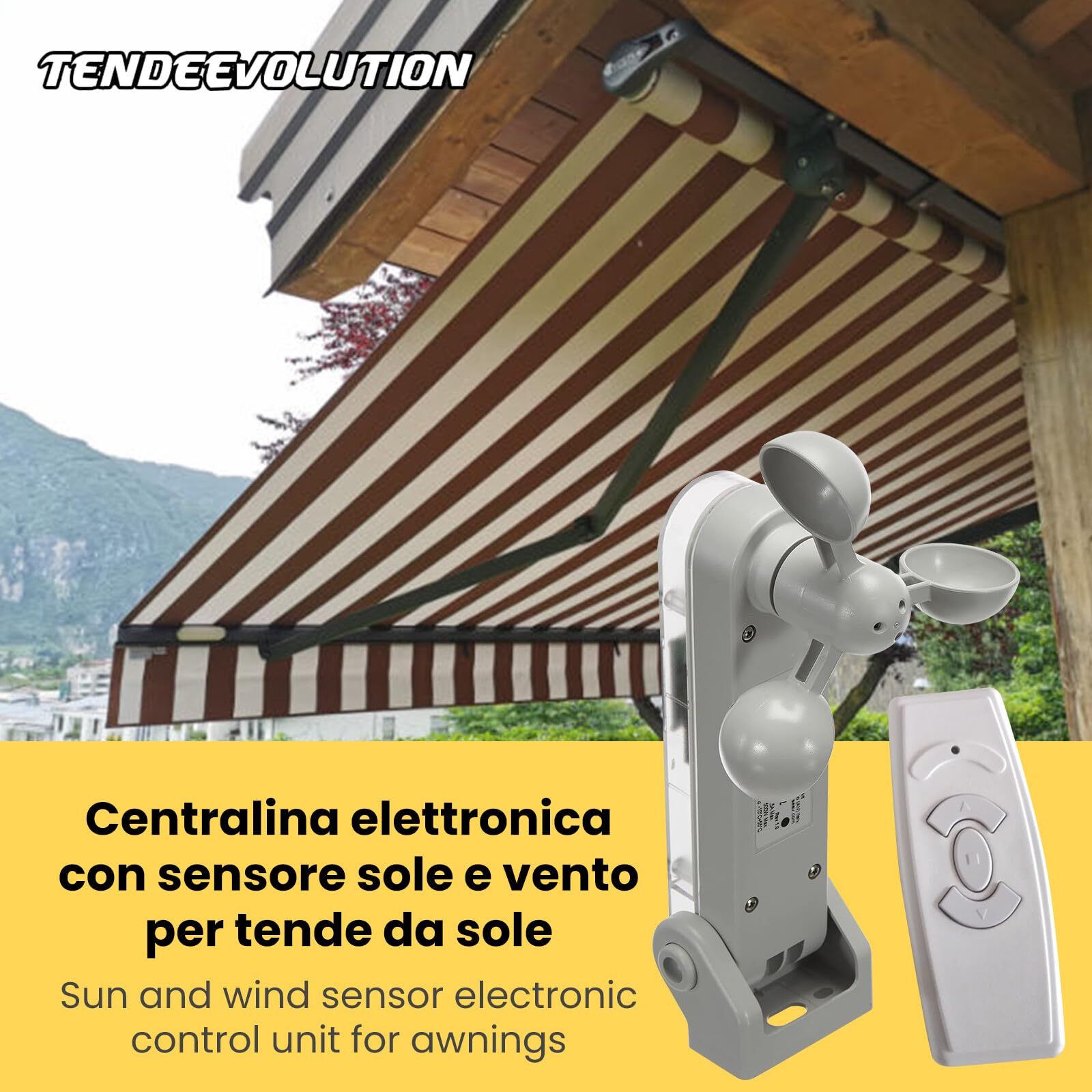 TENDEEVOLUTION Centralina per Tende da Sole con Telecomando e Sensore Pioggia Vento. Centralina Tenda con Anemometro per azionamento automatico motore (Sensore Vento)
