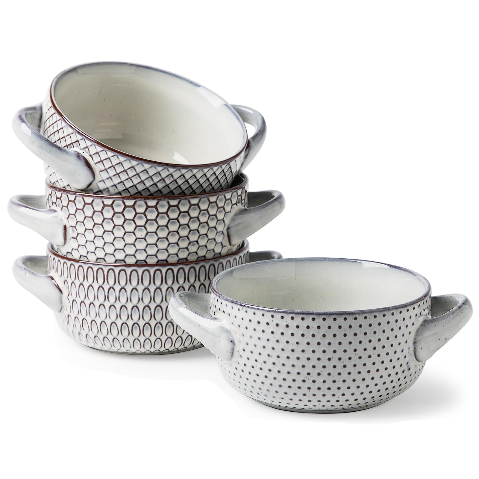 MONITO 5 Inch Porcelain Oz Cereal Bowls Set of 4，Ceramic Bowls for soup bowls|Salad |Dessert|Ice cream|Pasta|Ramen, Dishwasher & Microwave Safe Kitchen Decor & Housewarming Gift. (Vintage embossed)