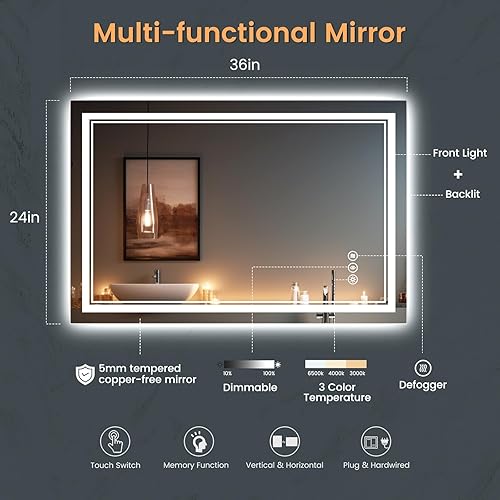 Miniatura 4 de Espejo de baño de 24 x 36 pulgadas con luces, CRI 90+, 3 colores, regulable, vidrio templado superior con parte trasera plateada y lado acrílico,