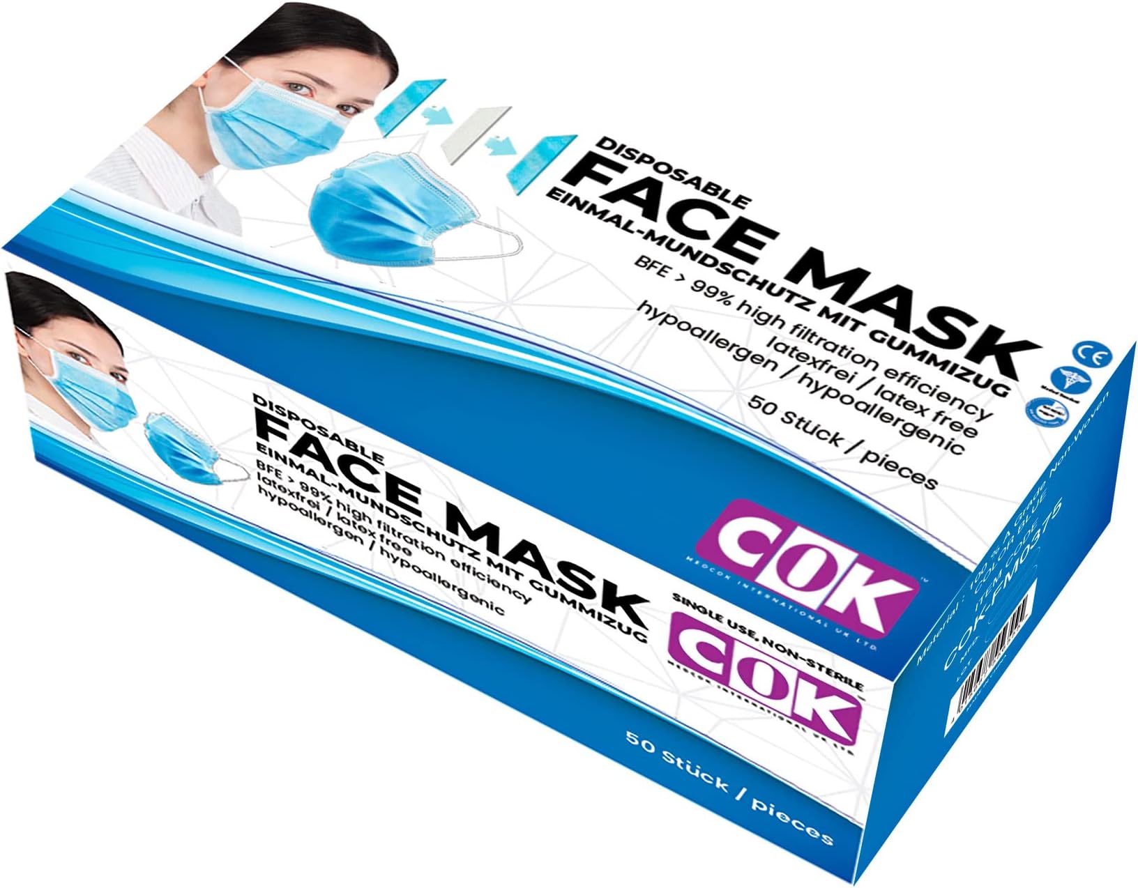 COK Disposable Face Protective Mask (3-Ply, Blue, 50 Pieces)