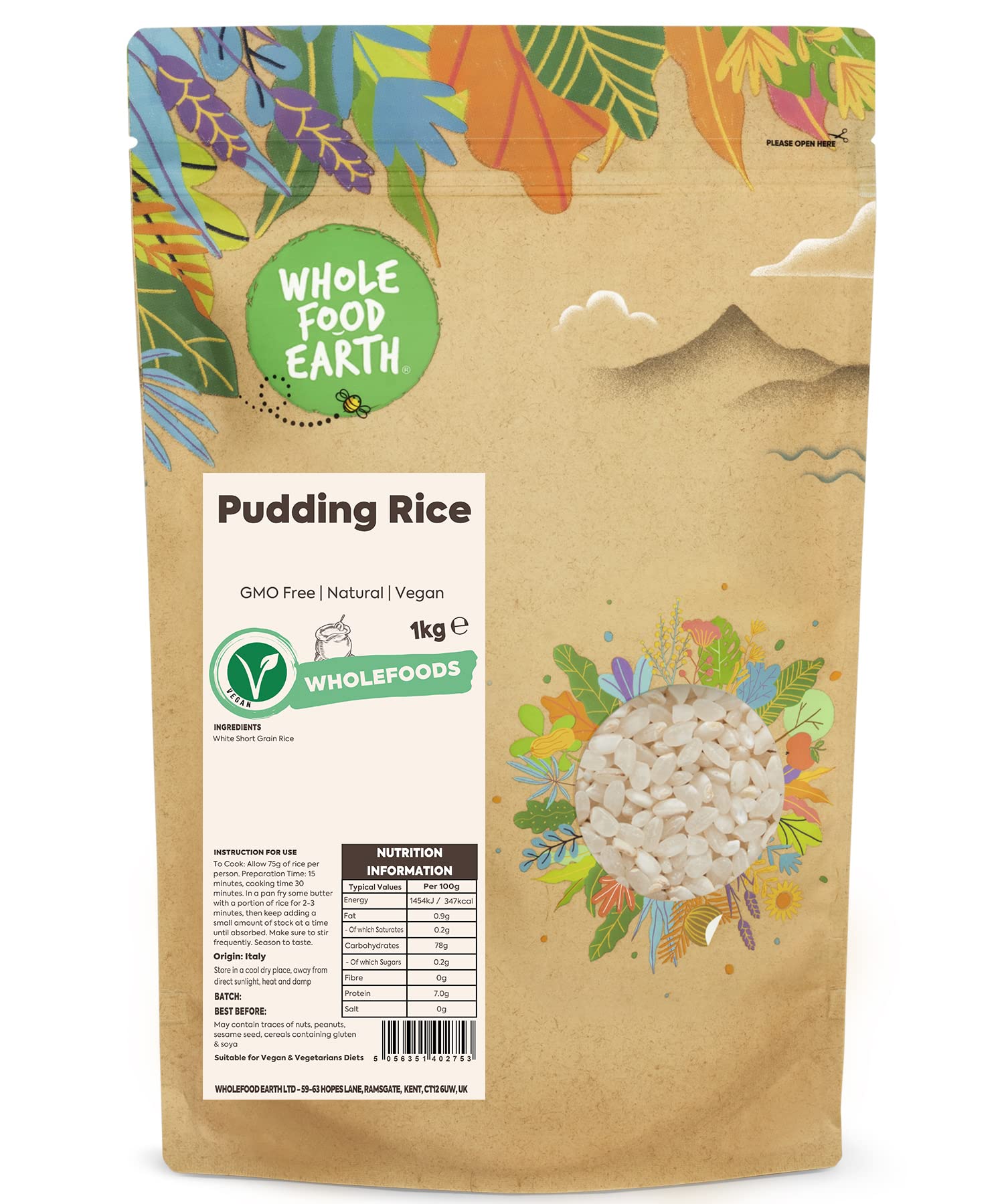 Wholefood Earth Pudding Rice 1 kg | GMO Free | Natural