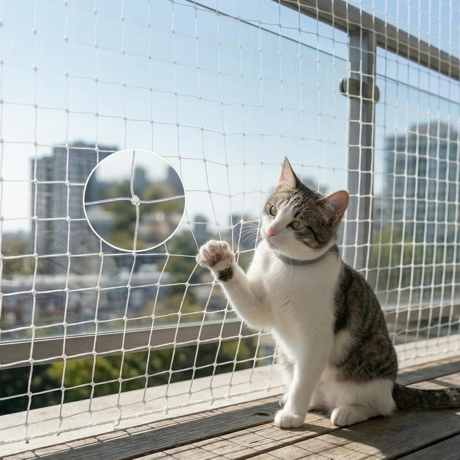 Cat Balcony Net – Transparent Nylon Safety Screen for Balconies, Windows, Patios & Catios; Apartment-Friendly Garden/Deck Netting; Weather-Resistant, Cut-to-Fit; Install Kit Included;（White）