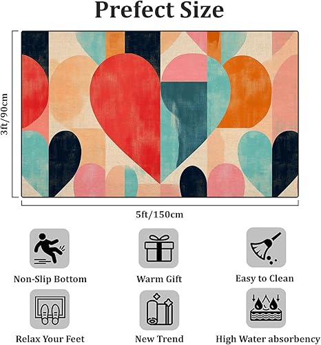 Miniatura 2 de Alfombra romántica abstracta geométrica de corazones, círculos rectangulares, cuadrados, retro, alfombra de patio al aire libre, alfombra de juego