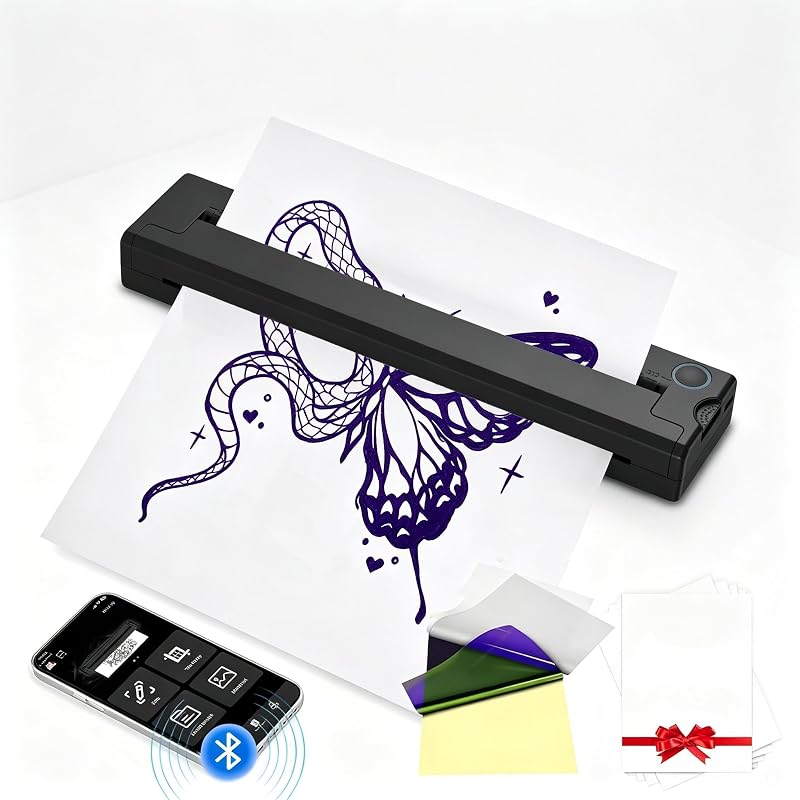 Impressora térmica portátil sem fio XWKOXWK M8 para estêncil de tatuagem, compatível com Bluetooth, celular e PC, com papel de transferência e papel térmico dobrável