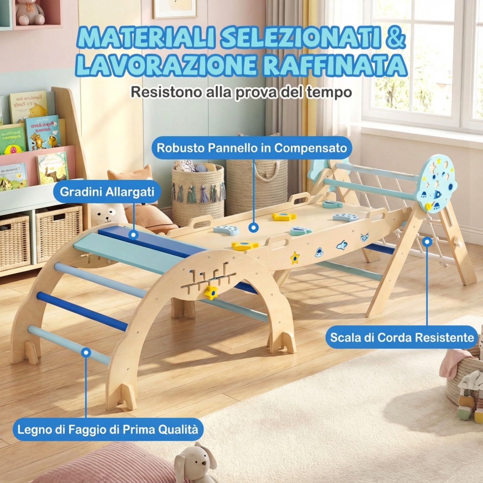 RELAX4LIFE Set da Arrampicata per Bambini, Triangolo di Arrampicata con Scivolo e Arco, Gioco di Incastri in Legno, Gioco Montessori per Bambini 1+ Anni (Astronauta con Rete-3 Pezzi | Blu)