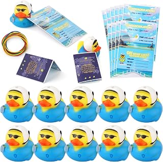 12 Sets Duck Tag Cruise Kits, 12pcs Rubber Cruise Ducks (Aviator Style) and 12pcs Tags with Elastic Rubber Bands, Funny Rubber Ducks for Cruise Ships for Kids Party Ducking Games