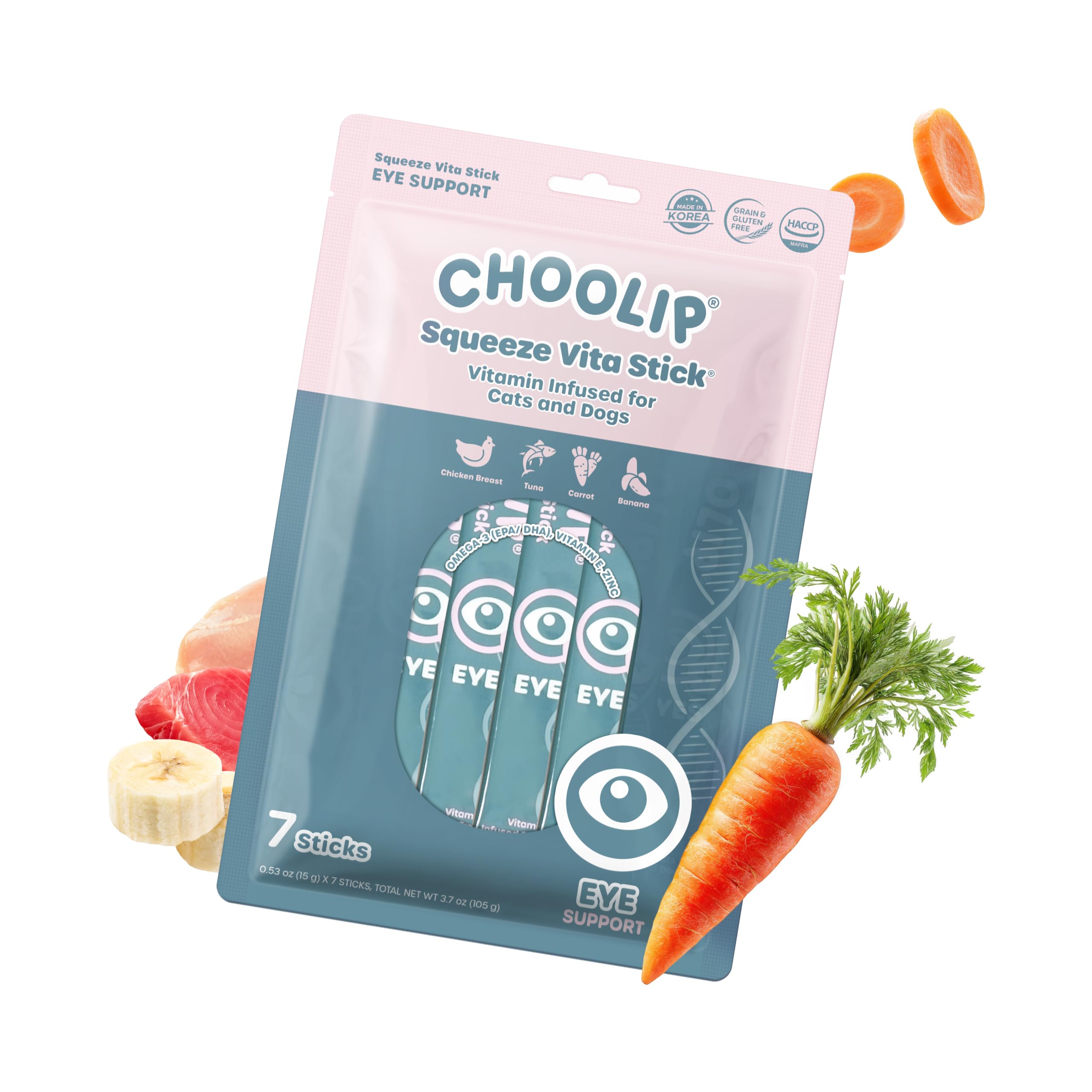 Choolip Squeeze Vita Stick Lickable Cat and Dog Treats, 7-Count Eye Support, Chicken and Tuna with Lutein, Grapeseed Extract and Vitamin E, Vet-Formulated