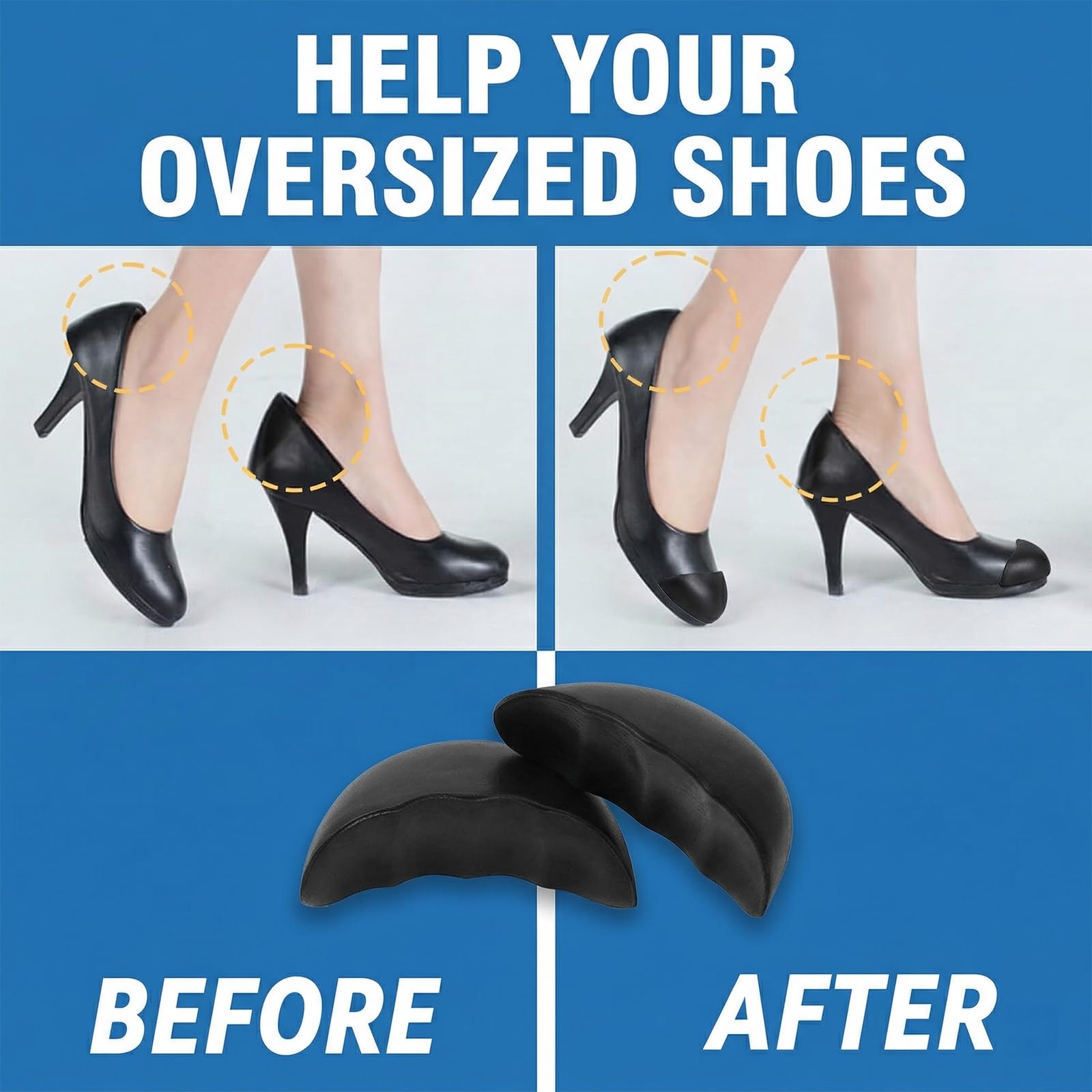 Pack de 2 Pares de Relleno para Zapatos Grandes, Ajustador de Talla de Calzado Reutilizable, Almohadillas Suaves para Puntera de Calzado Holgado, Talla M, Negro