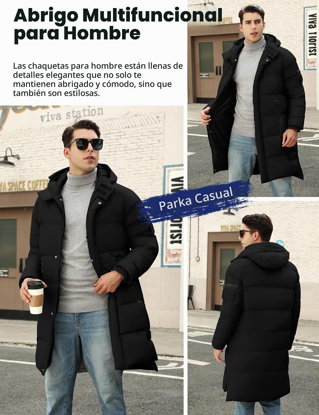CMTOP Chaqueta Hombre Invierno Largo Cálido Acolchado Algodón Abrigo Casual Elegante Parka con Capucha Gruesa Cremallera Viento Chaquetón Impermeable al Aire Libre Abrigos