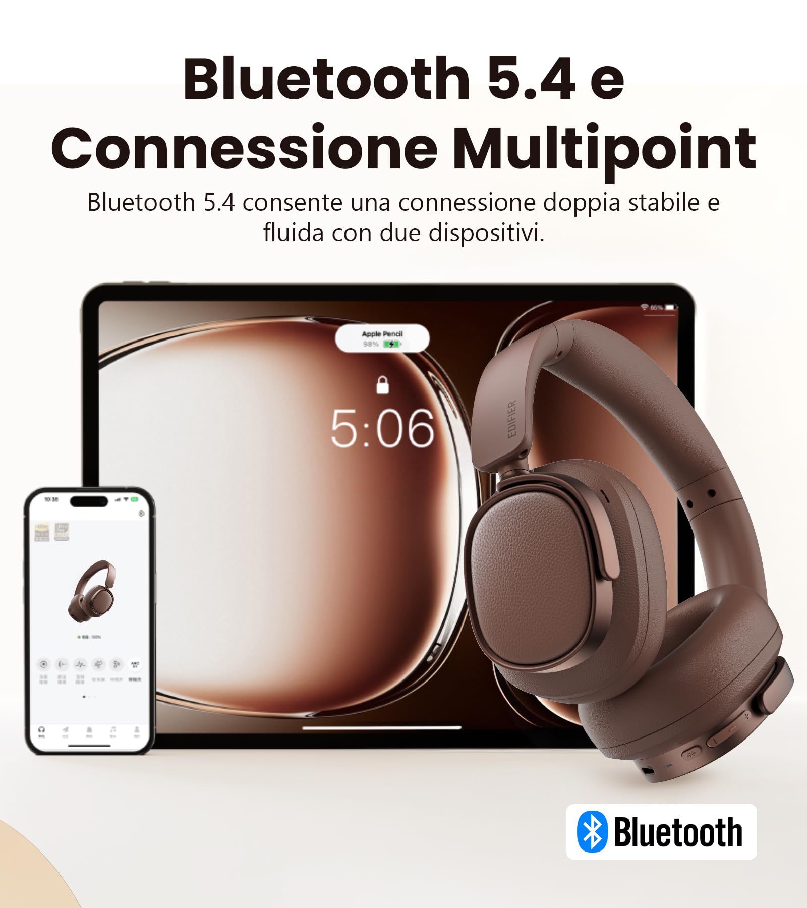 Edifier ES850NB Cuffie Over Ear Wireless, 45dB ANC, Audio Hi-Res, LDAC, 92h Autonomia, Bluetooth 5.4 e Multipoint, Riduzione del Rumore nelle Chiamate con IA (Marrone)