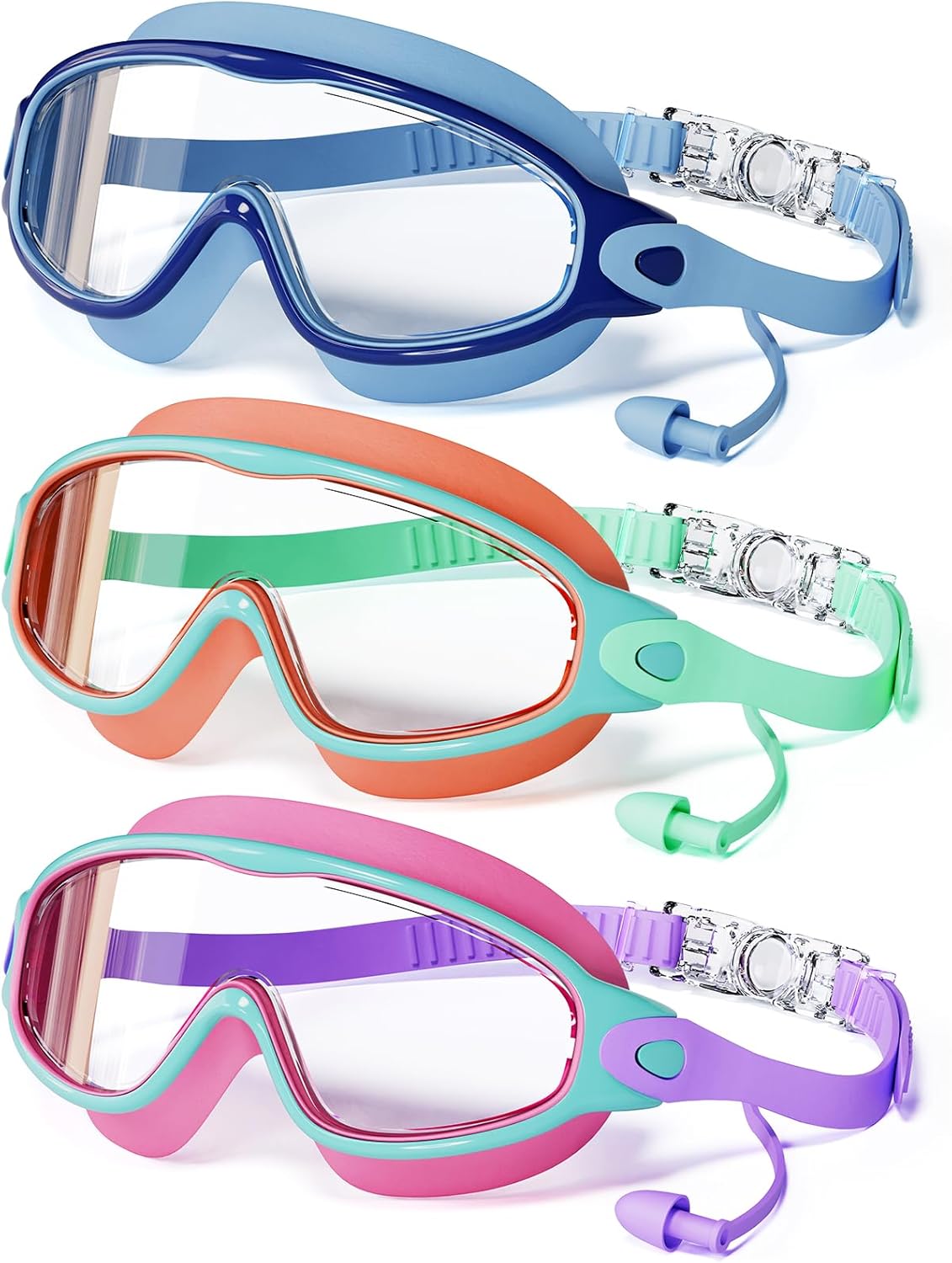 3 Pack Swimming Goggles, Kid Goggles with Earplugs Large Frame Anti-Fog/UV Wide View Swim Goggles Boys Girls 4-12