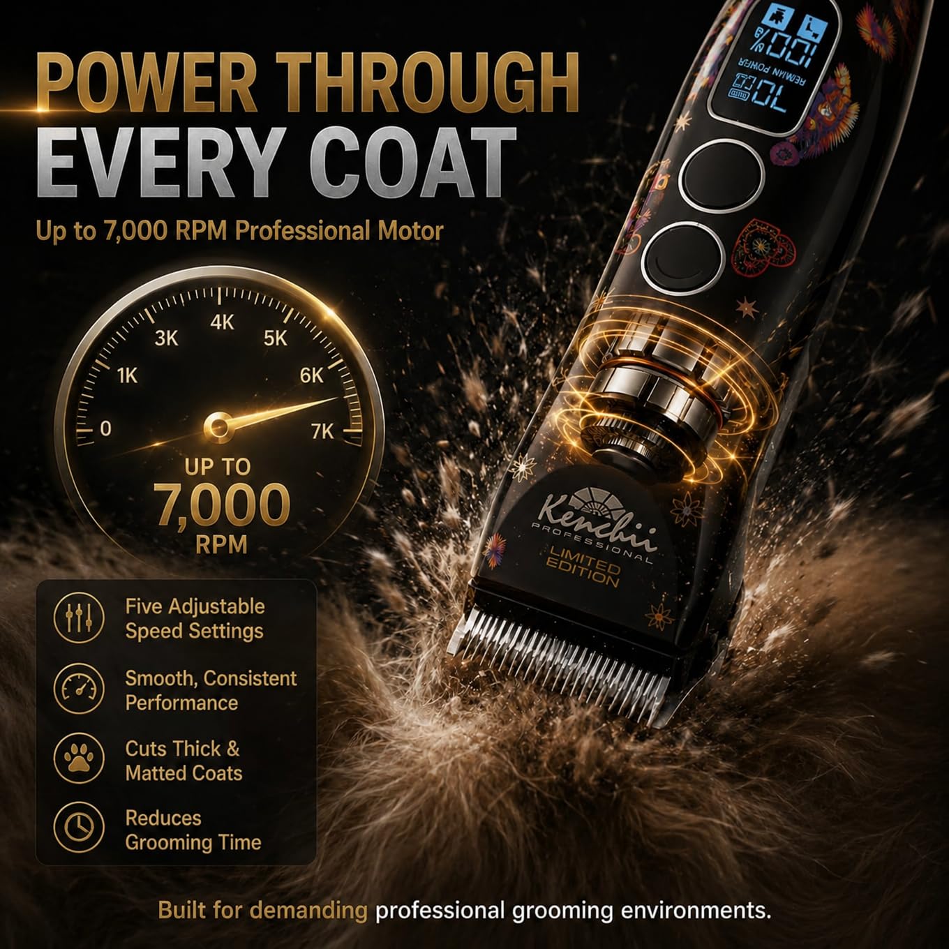 Kenchii Flash 5 Tosatrice per cani Wolf Edition Black, senza fili