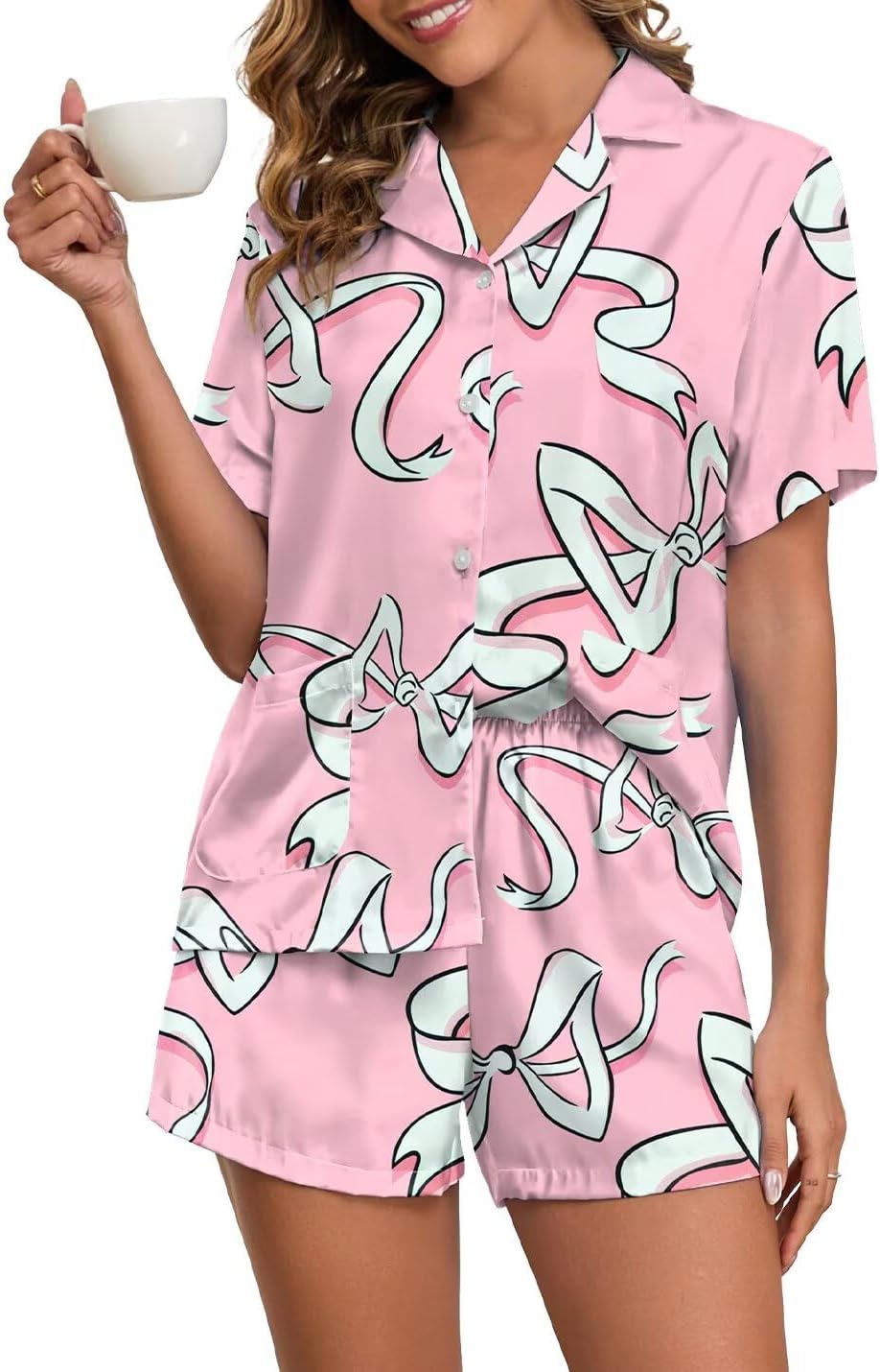 Brosloth Womens Silk Pajamas Summer Short Sleeve Floral Print Plaid Button Up Satin Pjs Set Loungewear Sets