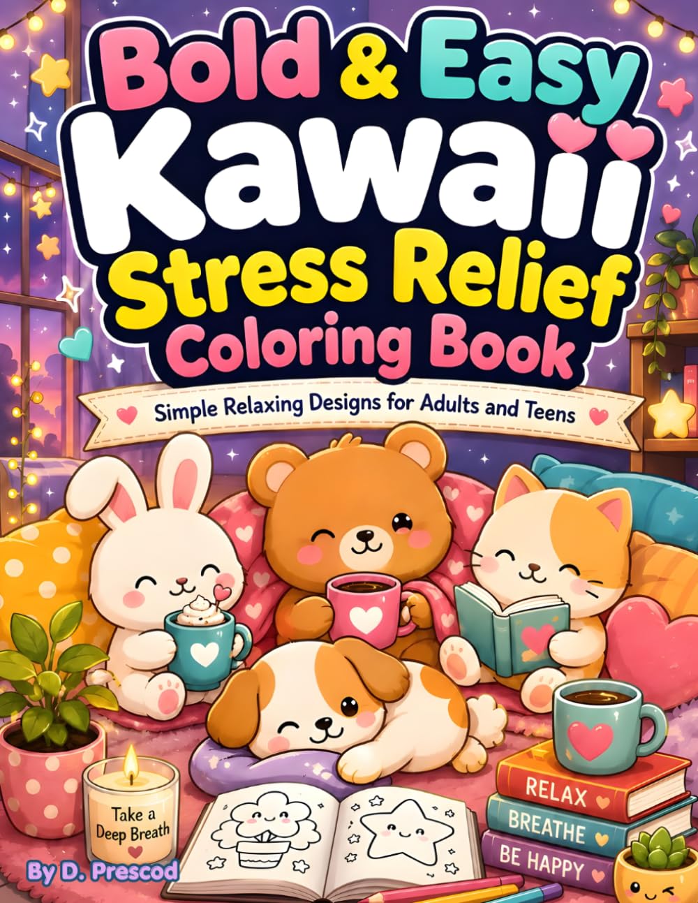 Bold & Easy Kawaii Stress Relief Coloring Book: Simple Relaxing Designs For Adults and Teens