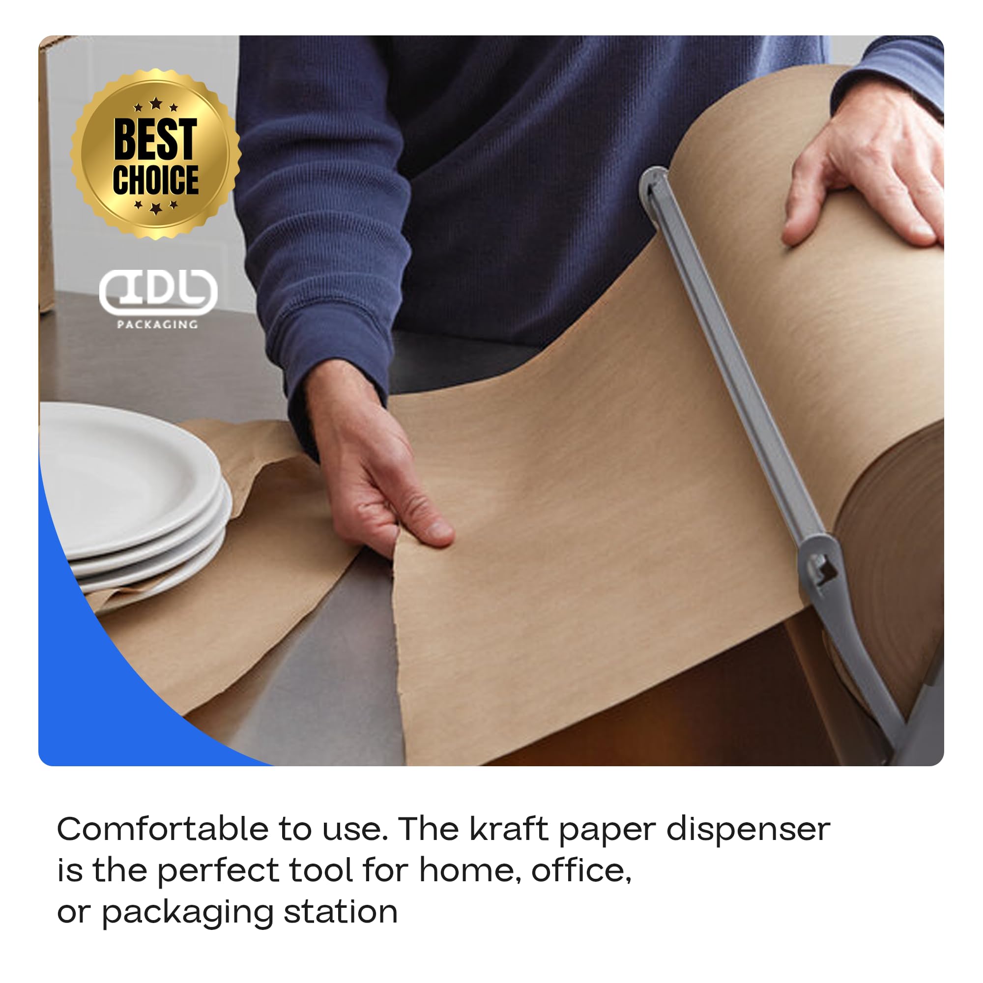 IDL Packaging Dispenser e taglierina per rotoli di carta kraft fino a 91,4 cm di larghezza e 22,9 cm di diametro, supporto da tavolo in acciaio rinforzato con taglierino, per carta kraft e carta da