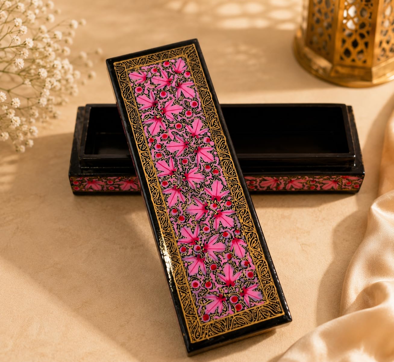Handcrafted Paper Mache Decorative Pencil Box with Pink Floral Pattern, Black Interior, Kashmir Art-picture-11