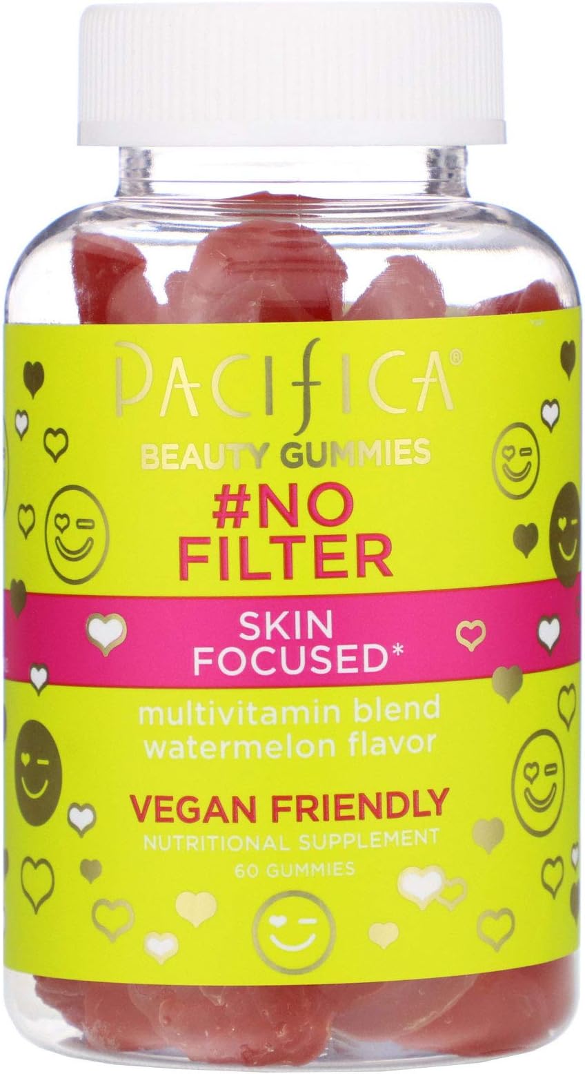 Pacifica Beauty Gummies, No Filter, Skin Focused, Watermelon Flavor, 60 Gummies