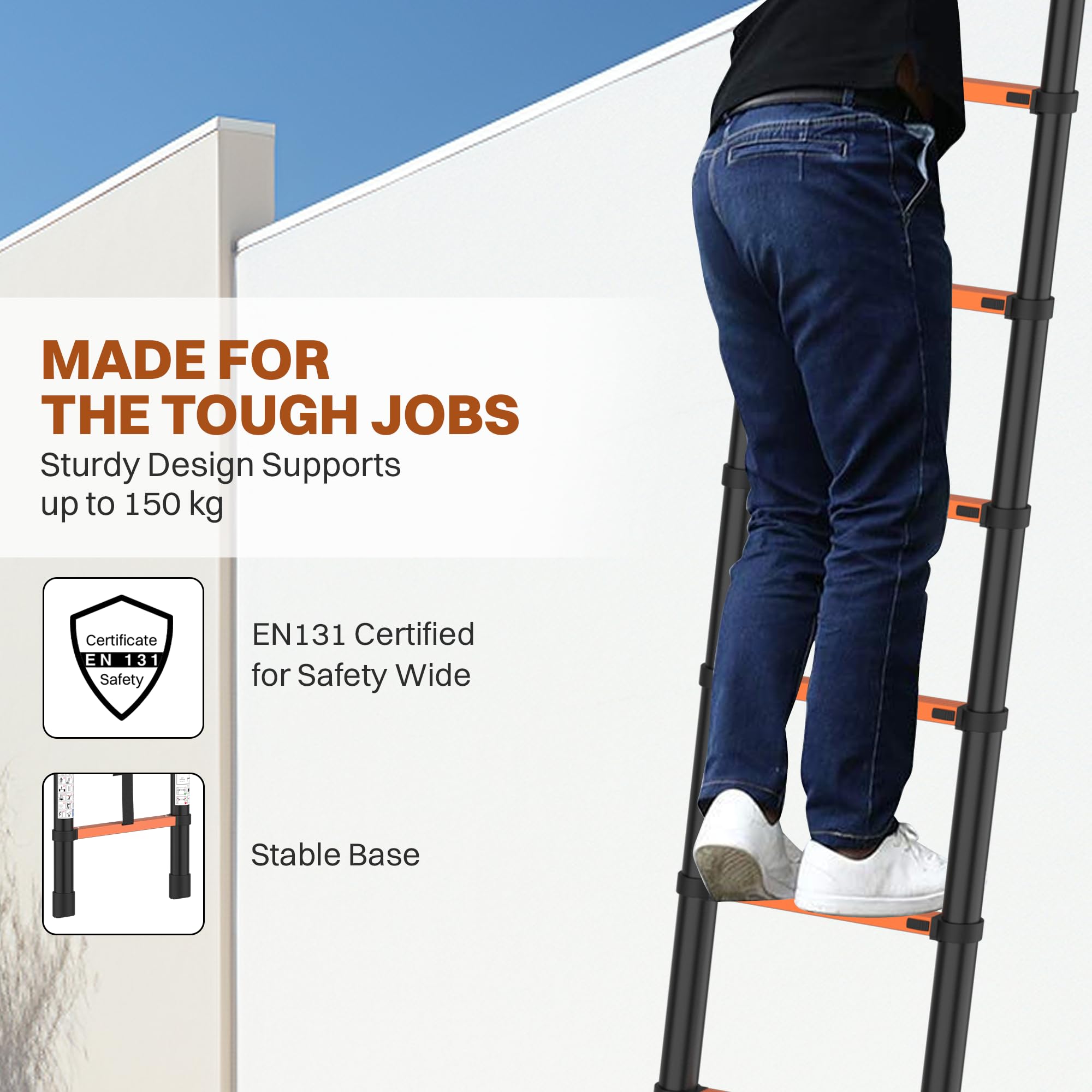BonKaso Telescopic Ladder, 3.8m / 12.5Ft, 13 Steps – Heavy-Duty Foldable Alloy Steel Ladder | Anti-Slip, 150kg Load Capacity, Rustproof & EN131 Certified – Matt Black & Orange — Amazon image 4