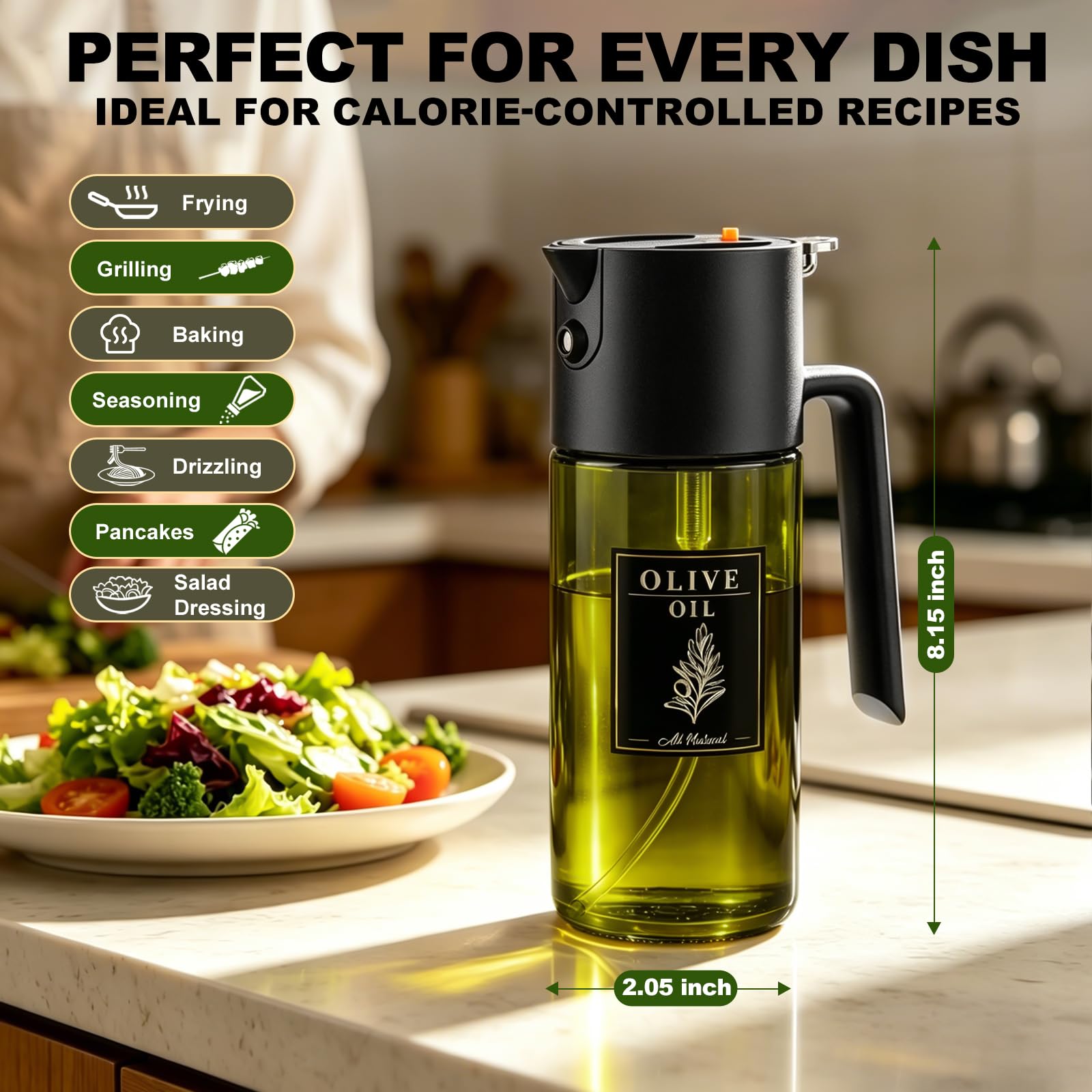 Pulverizador de aceite 2 en 1 de 500 ml para cocinar con calcomanías, botella dispensadora de aceite de oliva de vidrio para cocina, spray continuo con control de porciones, perfecto para freidora de