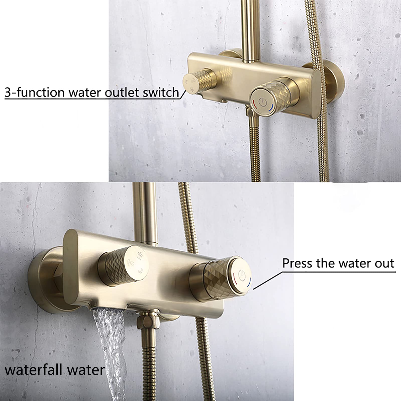 Doccia a pioggia classica Set di rubinetti per doccia in ottone Set doccia combinato a parete Miscelatore a pioggia con doppia maniglia con beccuccio per vasca a cascata, doccetta a 3 modalità, soff