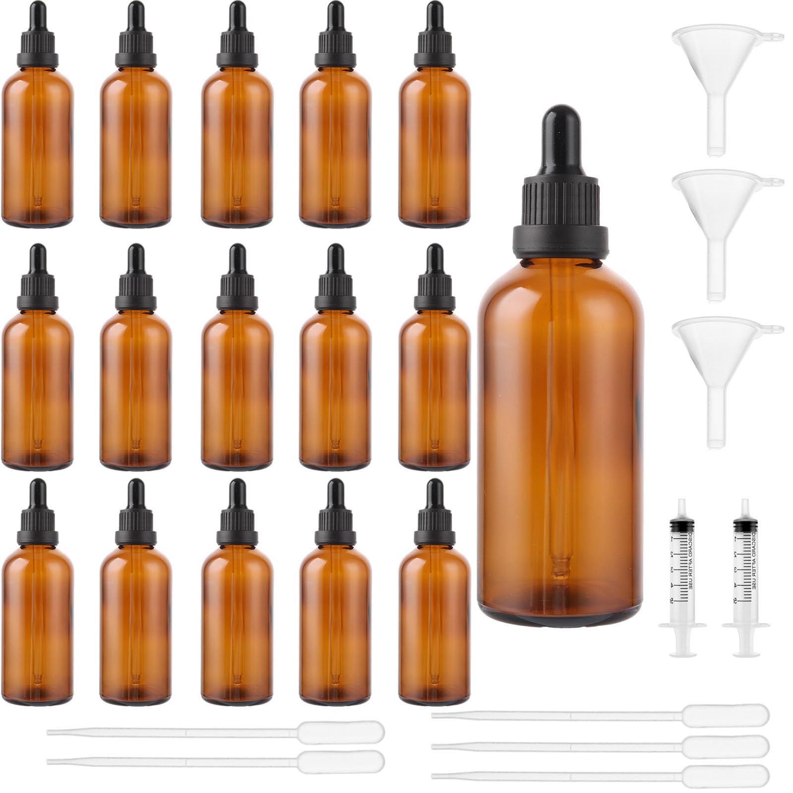 MUXHEL 15PCS Pipette Dropper Bottle 100ml Dropper Bottle Amber Glass bottle with Glass Pipette Funnels & Labels for Aromatherapy Blends Essential Oils Liquids