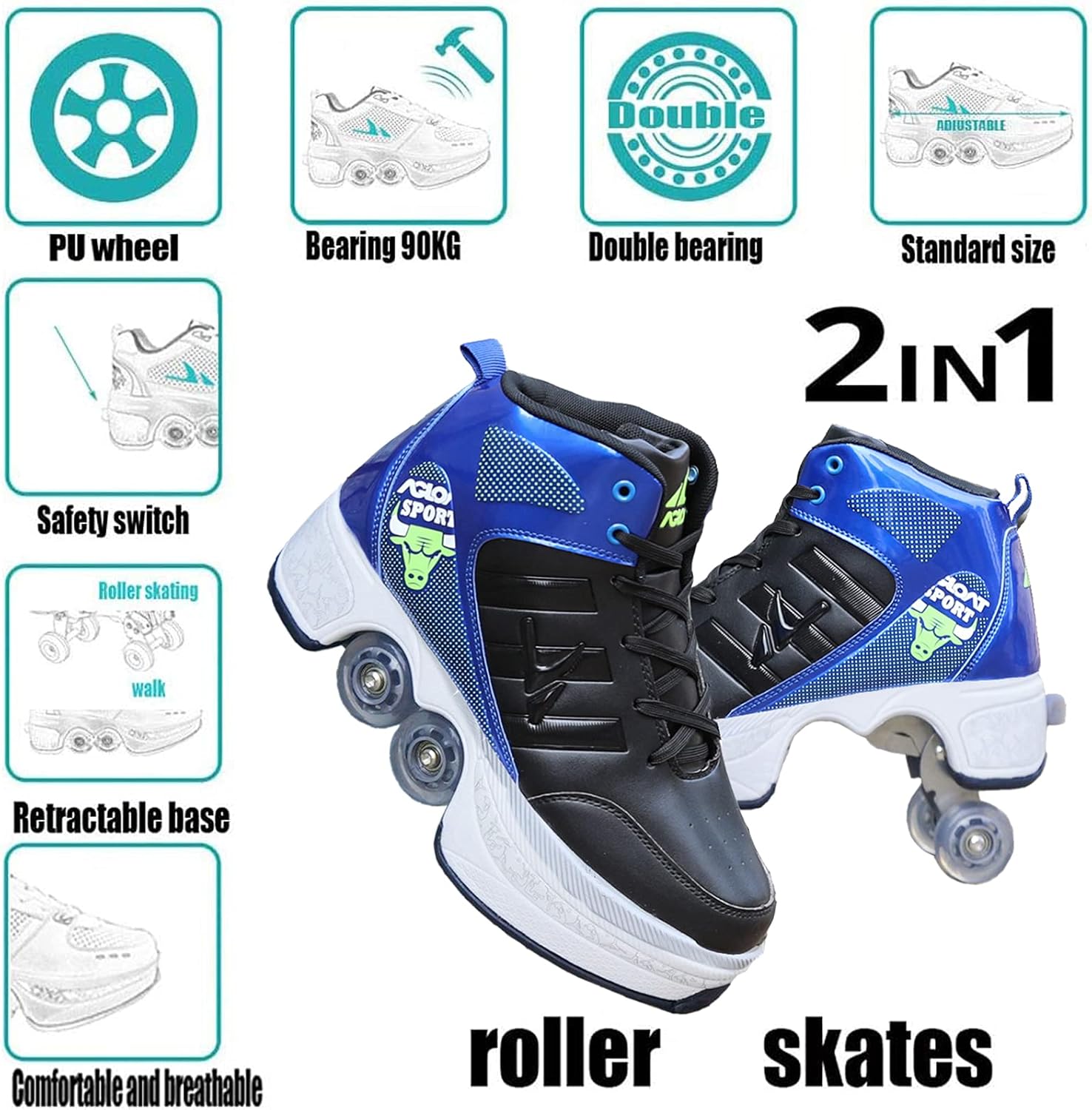 Roller Skates/2 in 1Multifunctional Roller Skates Shoese/Deformation Invisible Roller Skate Automatic Walking Shoes.Suitable for Outdoor Sports Roller Skates for Boys, Girls and Adults