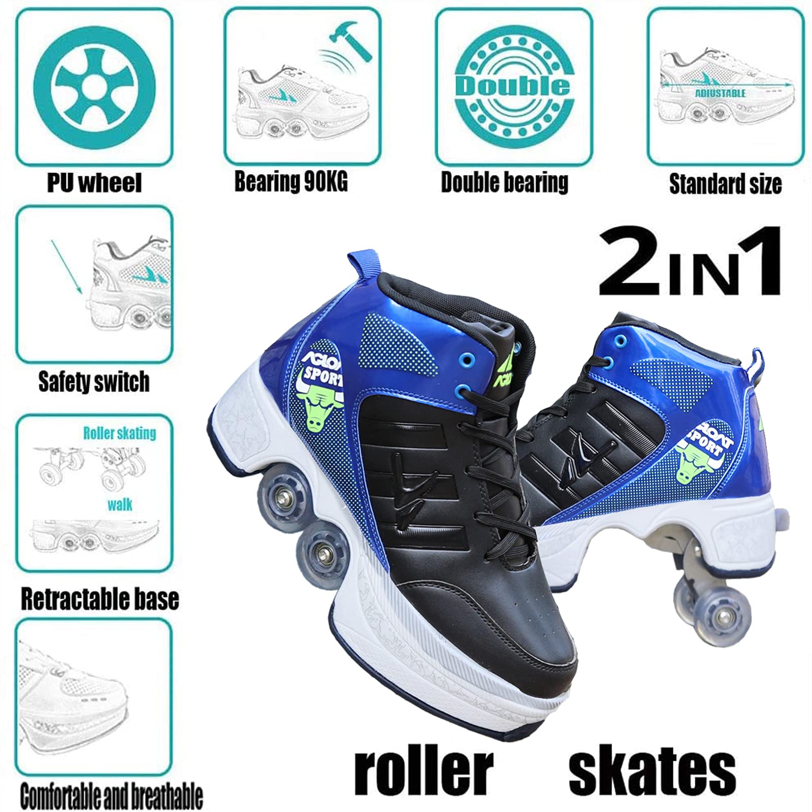 Roller Skates/2 in 1Multifunctional Roller Skates Shoese/Deformation Invisible Roller Skate Automatic Walking Shoes.Suitable for Outdoor Sports Roller Skates for Boys, Girls and Adults