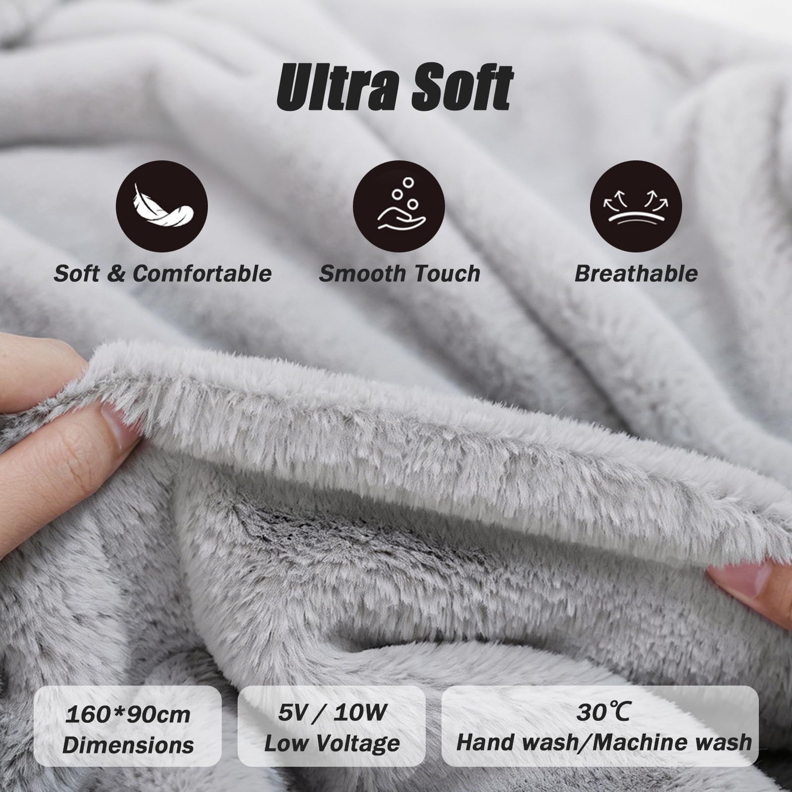 Coperta Elettrica, 160x90 cm, 3 Temperature, Wireless, Soffice | Tessuto morbido, 3 temp 45-65°C, USB ric., ant-surrisc., lavabile, per casa