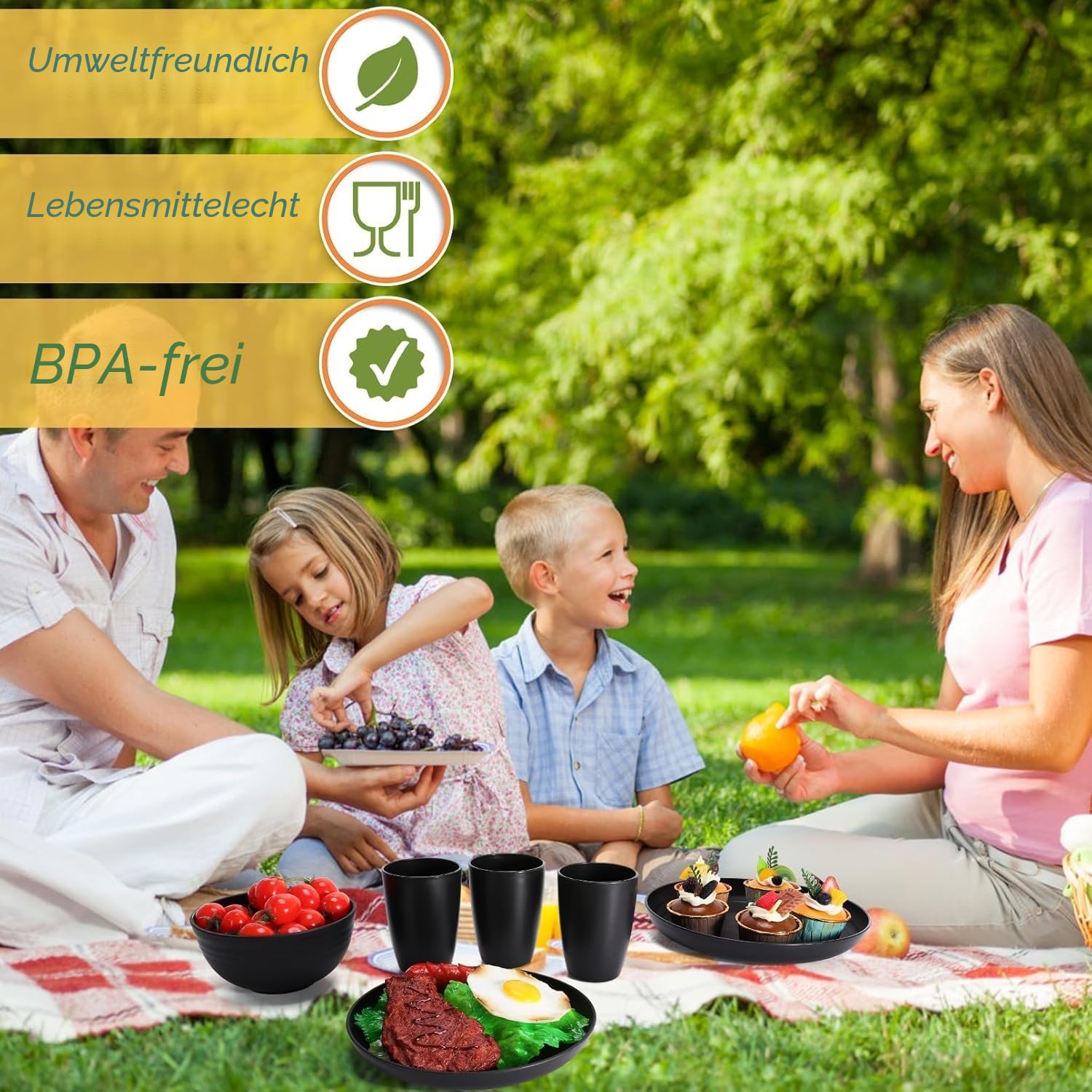 32Pcs Camping Geschirr Set für 8 Personen, Leicht Wiederverwendbar Kunststoff-Geschirrset inkl. Schüssel, Teller, Becher, Umweltfreundliche Unzerbrechliche Plastikgeschirr für Picknick