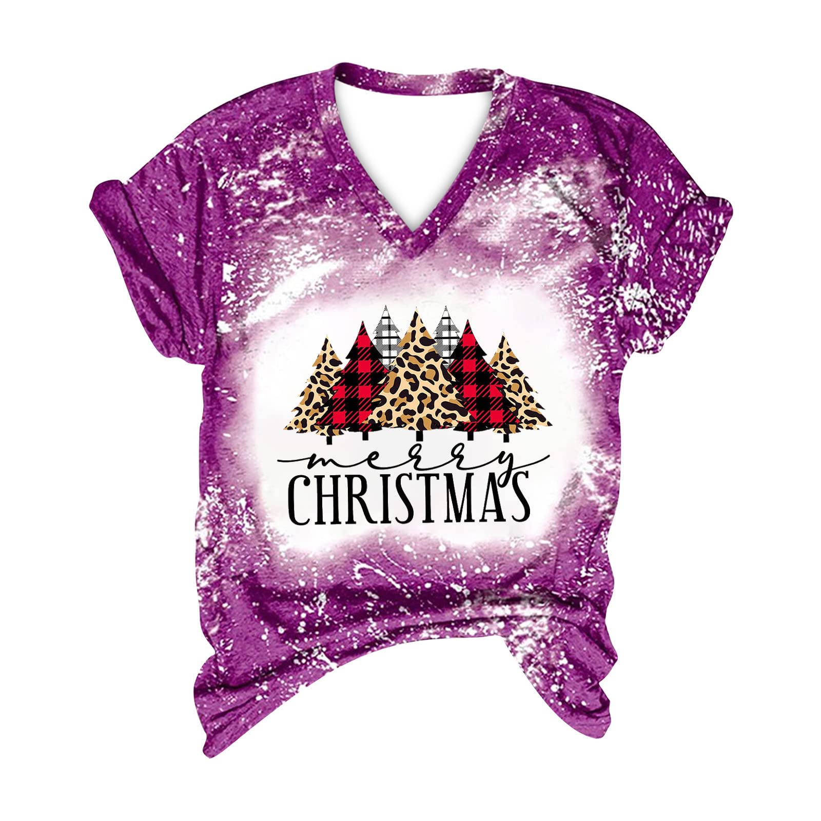 Christmas Bleached T Shirt Women Leopard Plaid Christmas Tree Tee Tops Letter Print V Neck Short Sleeve Holiday