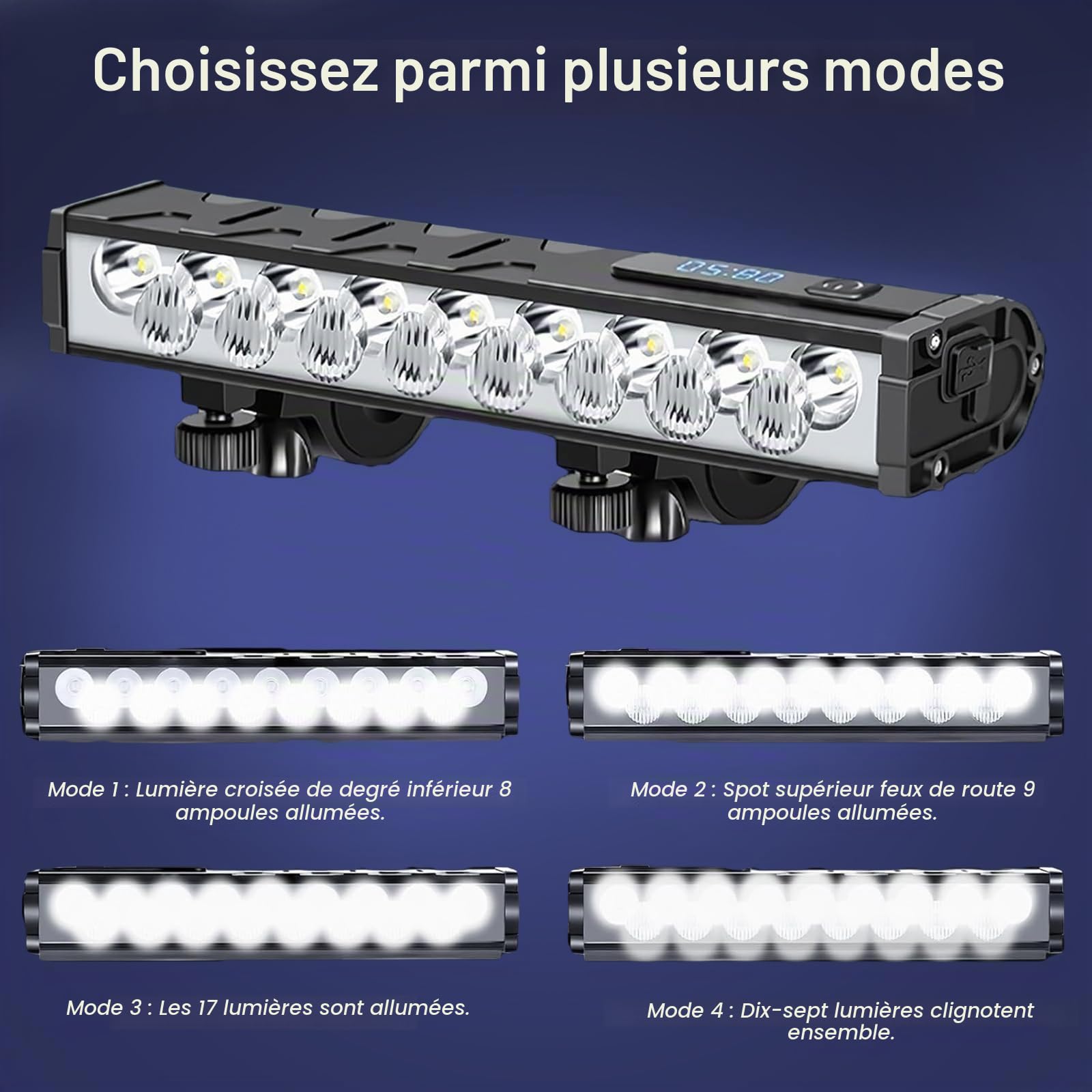 17 LED Phare Avant Ultra-Lumineux pour Vélo, 4800 Lumens, Affichage Numérique De La Puissance, Rechargeable par USB, pour Vélo De Route, VTT Tout-Terrain Et Trajets Quotidiens