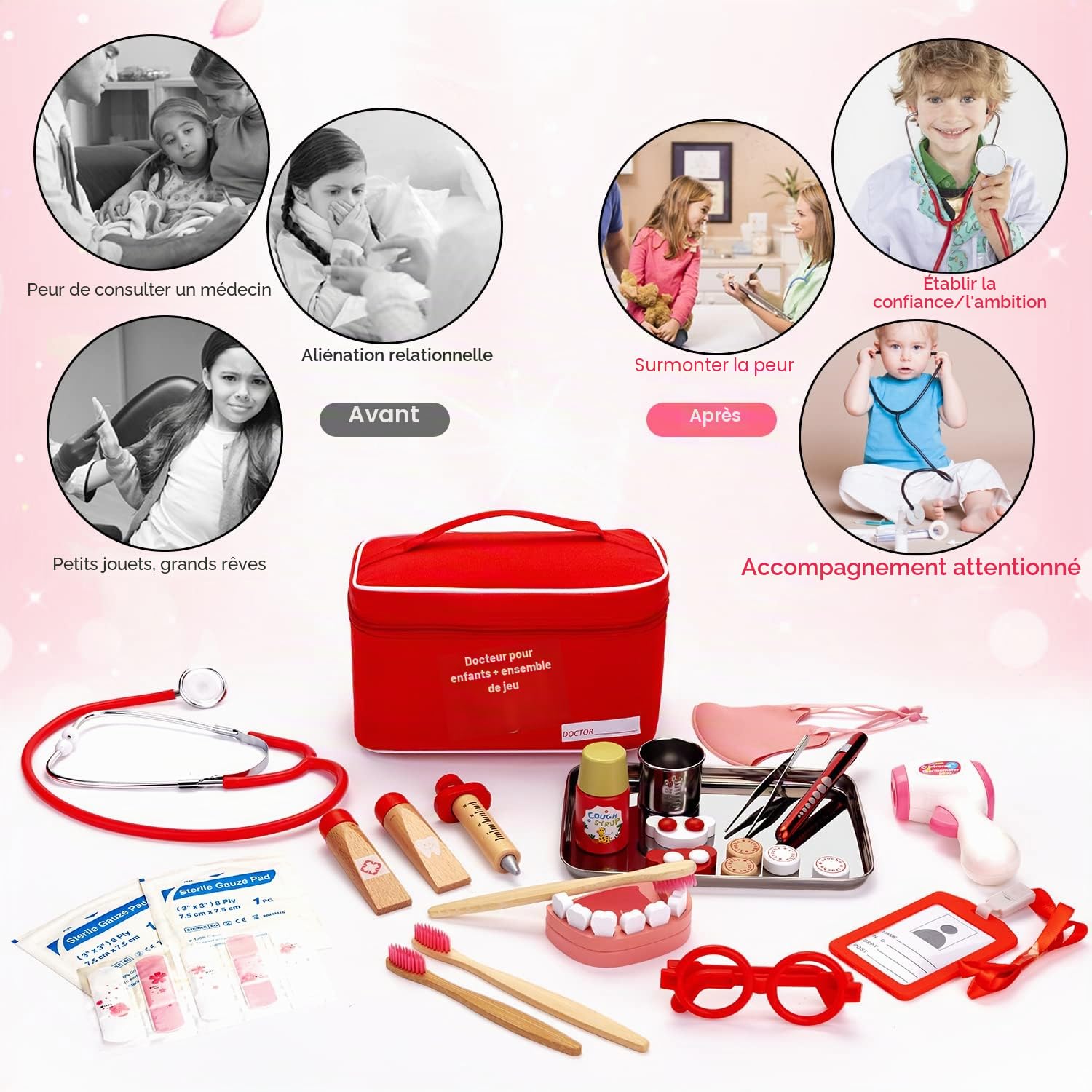 Sundaymot Malette Docteur Enfant Médecin Jouet Bois avec stéthoscope véritable, thermomètre, Mallette de Dentiste, Blouse de Docteur, Cadeau médical de Jeu de rôle Rouge pour Filles garçons 3 4 Ans