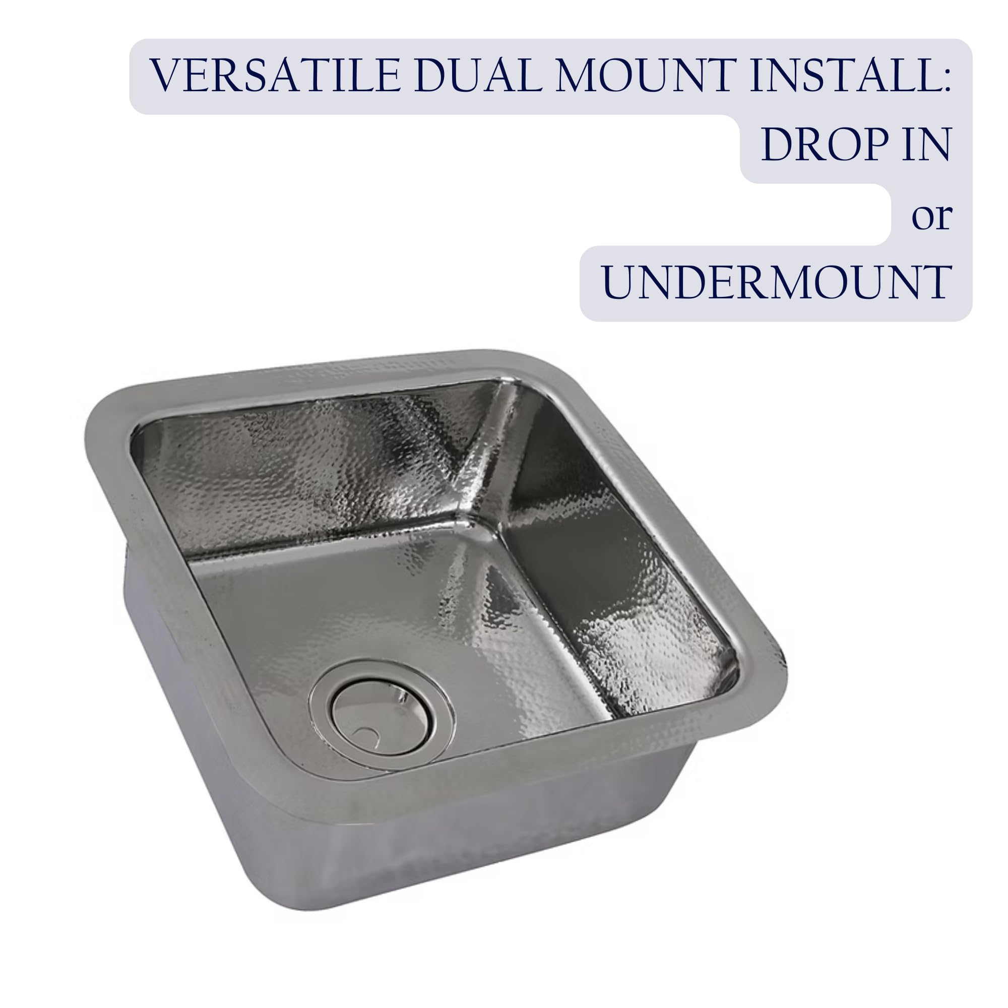Condition photo showing New/Like New for nantucket sinks sqrs-7 16.5" square hand hammered bar sink - small kitchen sink for wet bar & prep area, drop in or undermount, polished stainless steel, handmade - brightwork