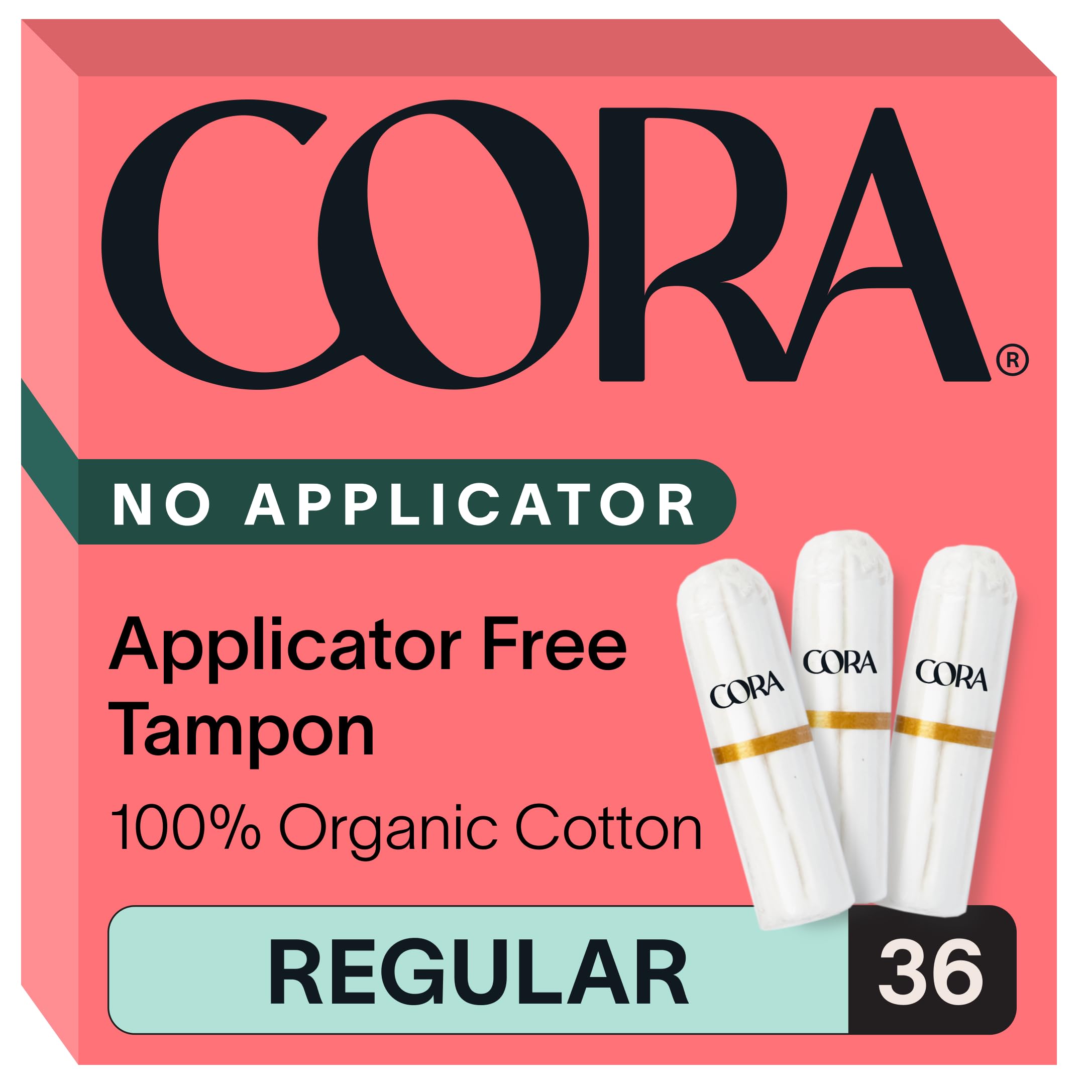 Cora Non-Applicator Tampons - 100% Organic Cotton | Ultra-Absorbent, Unscented, Natural, Non-Toxic, Applicator Free | Eco-Conscious (36 Tampons)[Amazon-developed Certification] Compact by Design