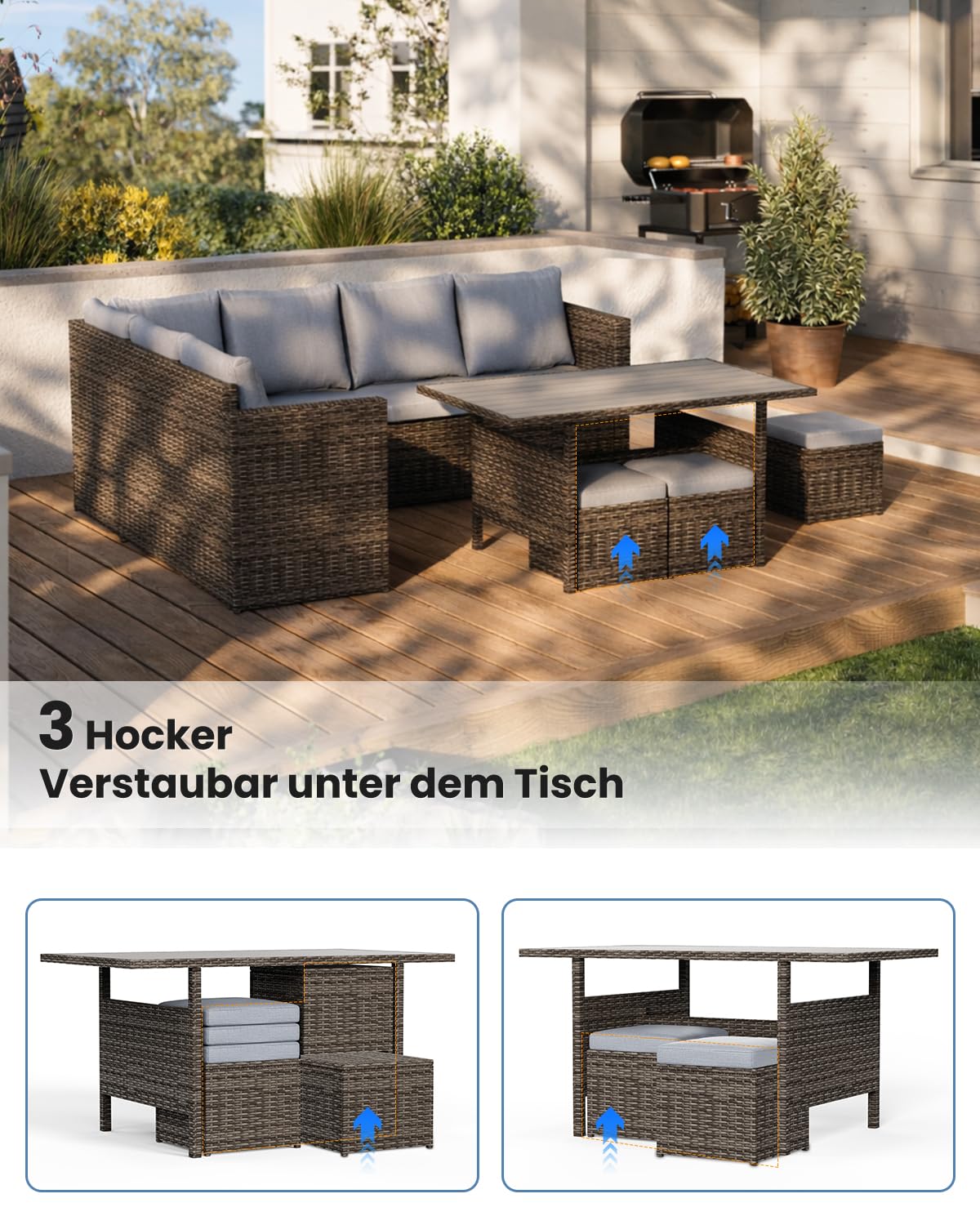LANOX Polyrattan Gartenlounge Set 7-teilig für 8-10 Personen, Grau