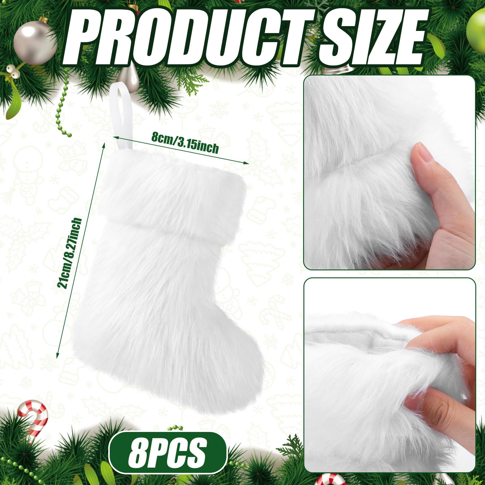 JOVITEC Lot de 8 chaussettes de Noël en fausse fourrure à suspendre pour cheminée - Décoration de vacances - 17,8 cm