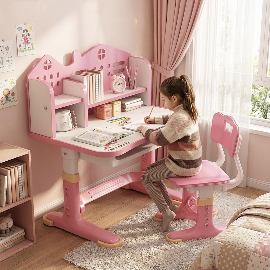 Kids Ergonomic Desk and Chair Set, Height Adjustable School Study Table with Bookshelf, Drawer and Spine Support Backrest, Kids Desk and Chair for Bedroom&amp;Study Room (Pink C)