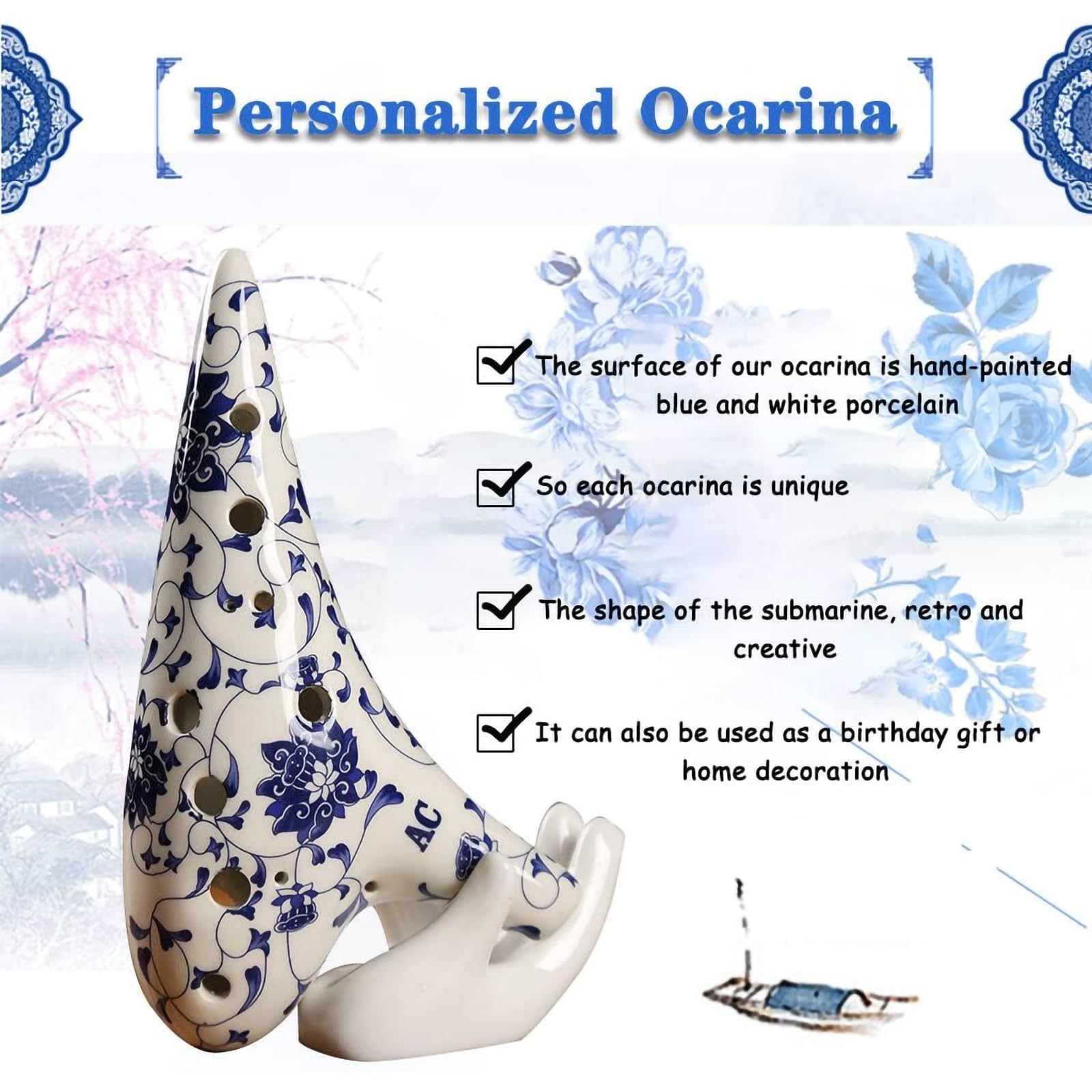 Okarina altowa C z 12 otworami, z torbą ochronną, ręcznie malowana niebiesko-biała porcelana, instrument muzyczny, porcelanowa glina, kolekcjonerska, z paskiem na szyję, pomysł na prezent dla