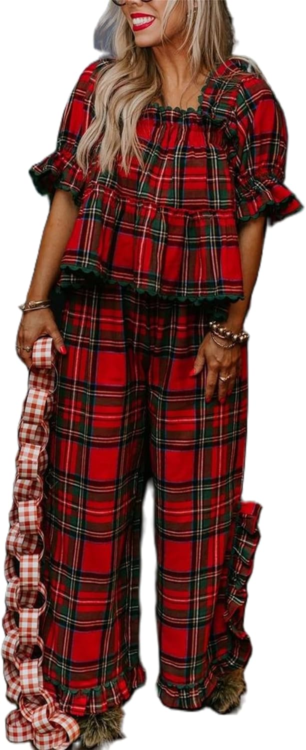 Women Plaid 2 Piece Pajama Set Y2k Gingham Short Sleeve Ruffle Babydoll Shirt and Pants Cute Lounge Sleep Set (Red, S)