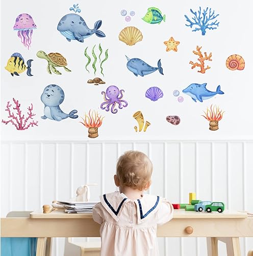 Miniatura 4 de Calcomanías de pared de peces marinos, calcomanías de pared de océano, decoración de pared removible de bricolaje, arte mural de vinilo para niños,