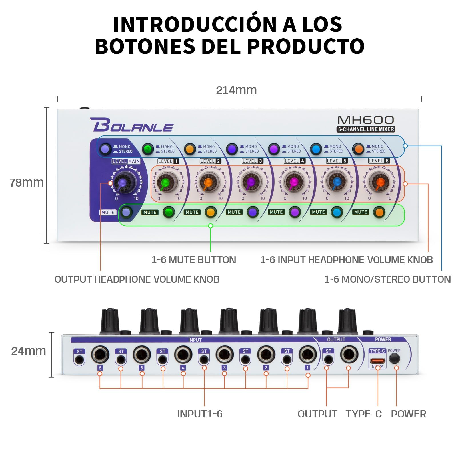 Bolanle MH600 6-Kanal Stereo Line Mixer – Mini Mischpult mit Mono/Stereo Schalter, Mute Funktion, 6.35mm/3.5mm für Gitarre, Bass, Keyboard, Synthesizer