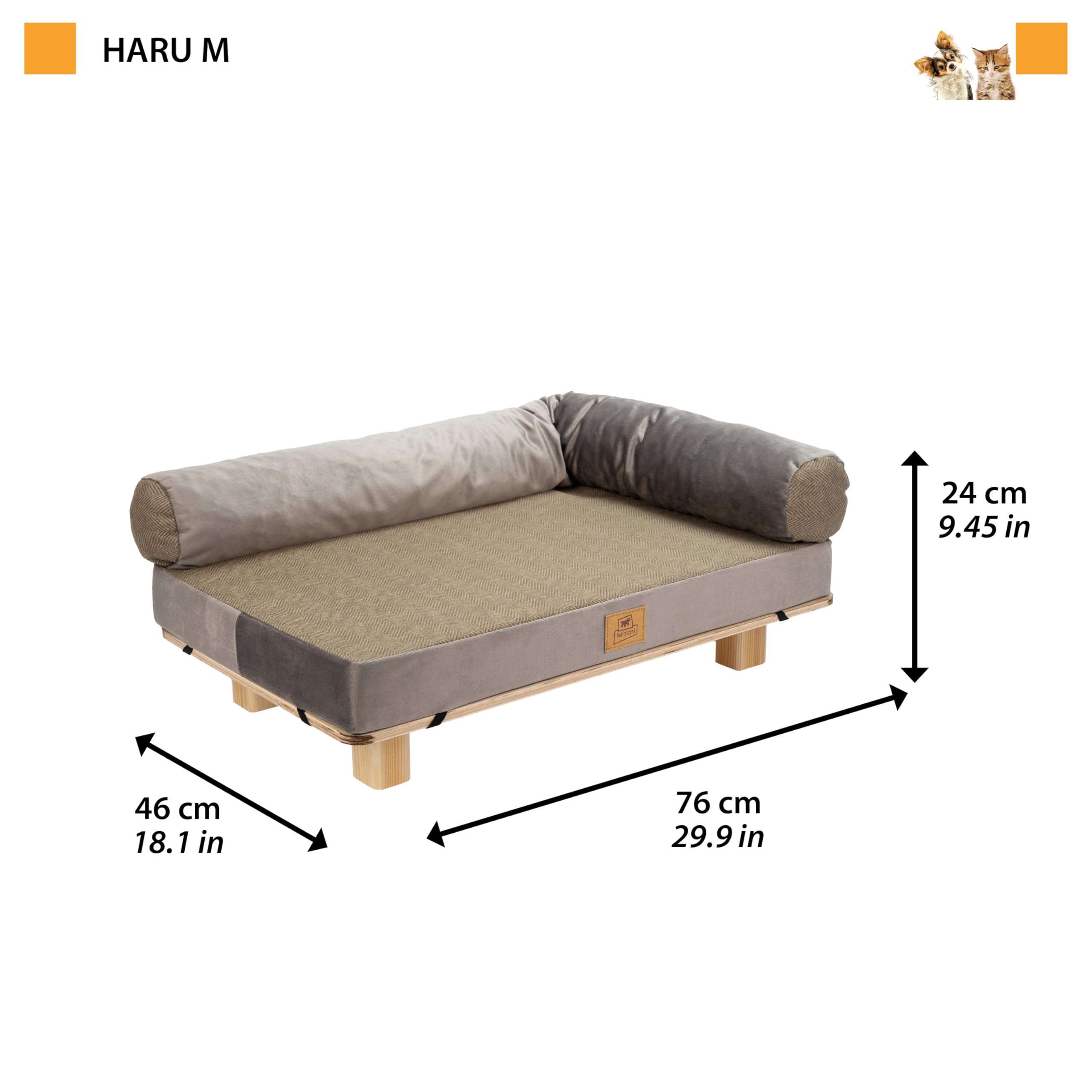 Ferplast Cama para Perros y Gatos en Madera certificada FSC® con cojín Suave, Estilo, Comodidad y Durabilidad, 76 x 46 x h 24 cm.