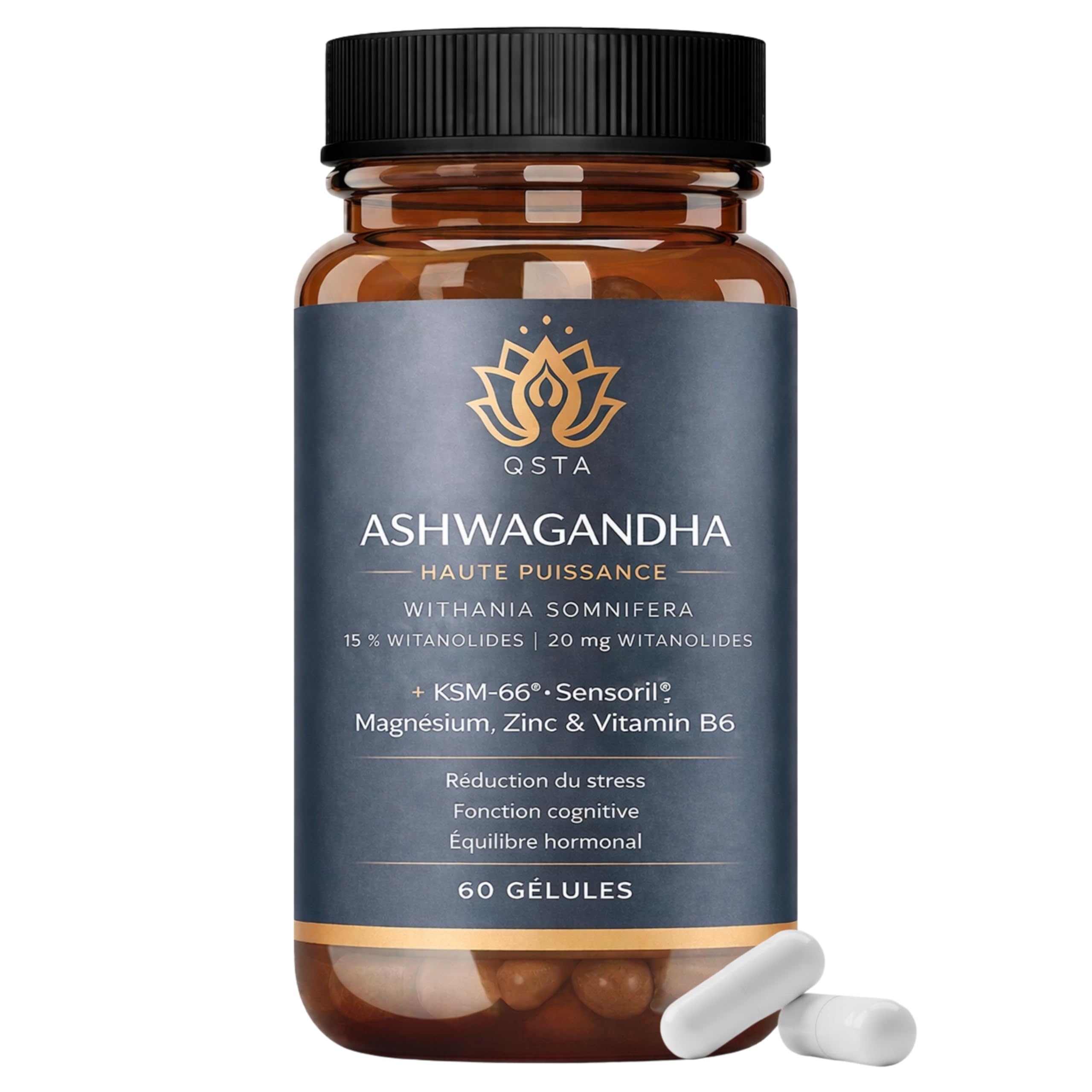 Ashwagandha KSM-66 + Sensoril (15-20% Withanolides) Adaptogène et Nootropique pour un Sommeil Profond, le Bien-être, l'Énergie, Cortisol | 2 mois