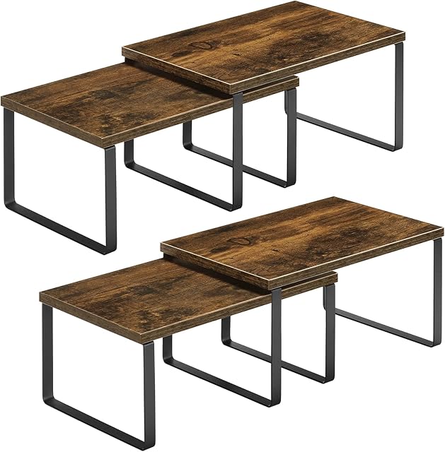 4-Pack Wooden Kitchen Shelf Organizer for Cabinet, Expandable & Stackable Counter Cupboard Organiser, Storage Rack for Bathroom, Kitchen, Laundry Room Beige