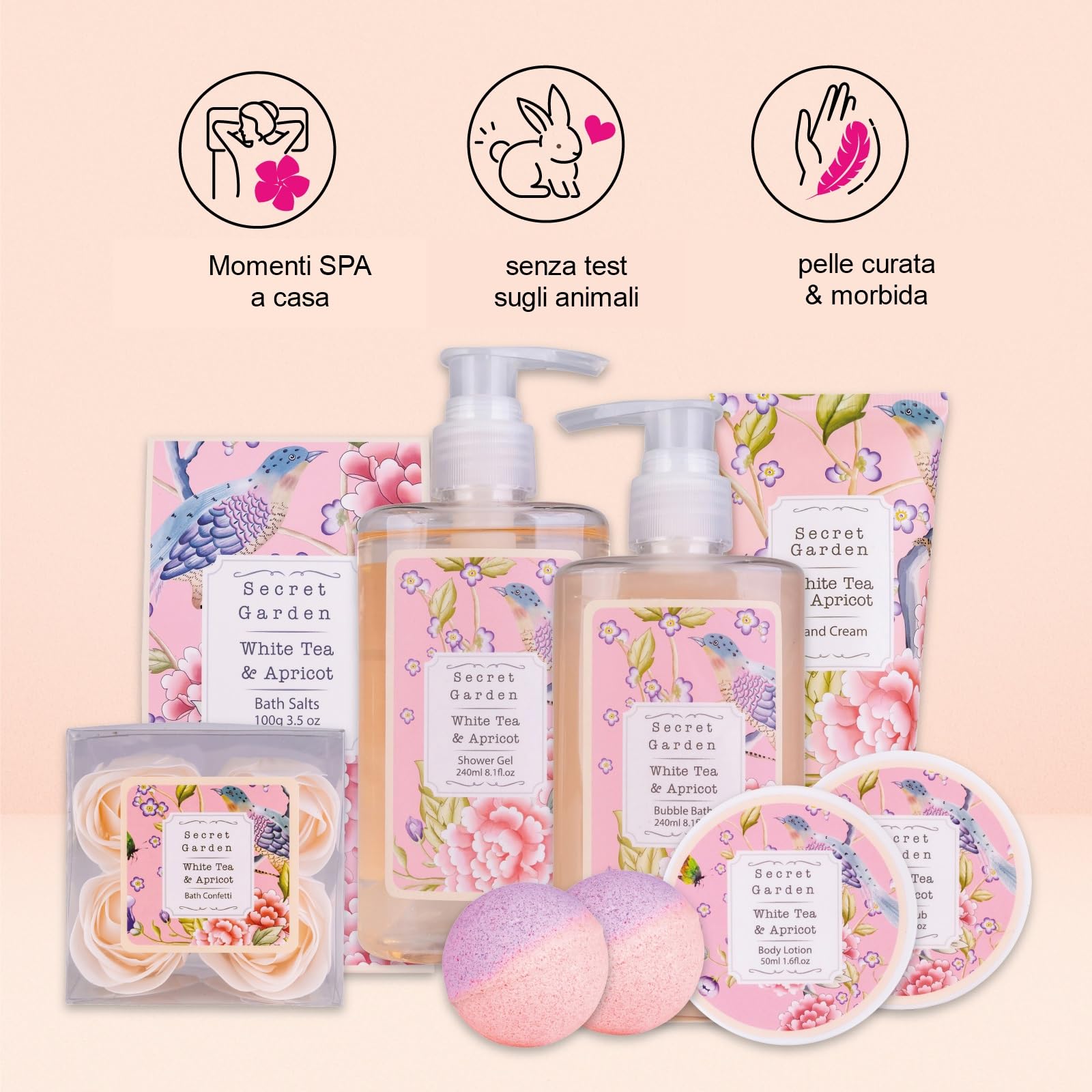 Accentra Set regalo SECRET GARDEN, set bagno donna con 240 ml gel doccia e 240 ml bagnoschiuma, cofanetto regalo bagno donna in scatola di legno bianca con manico, idea regalo cura corpo per lei