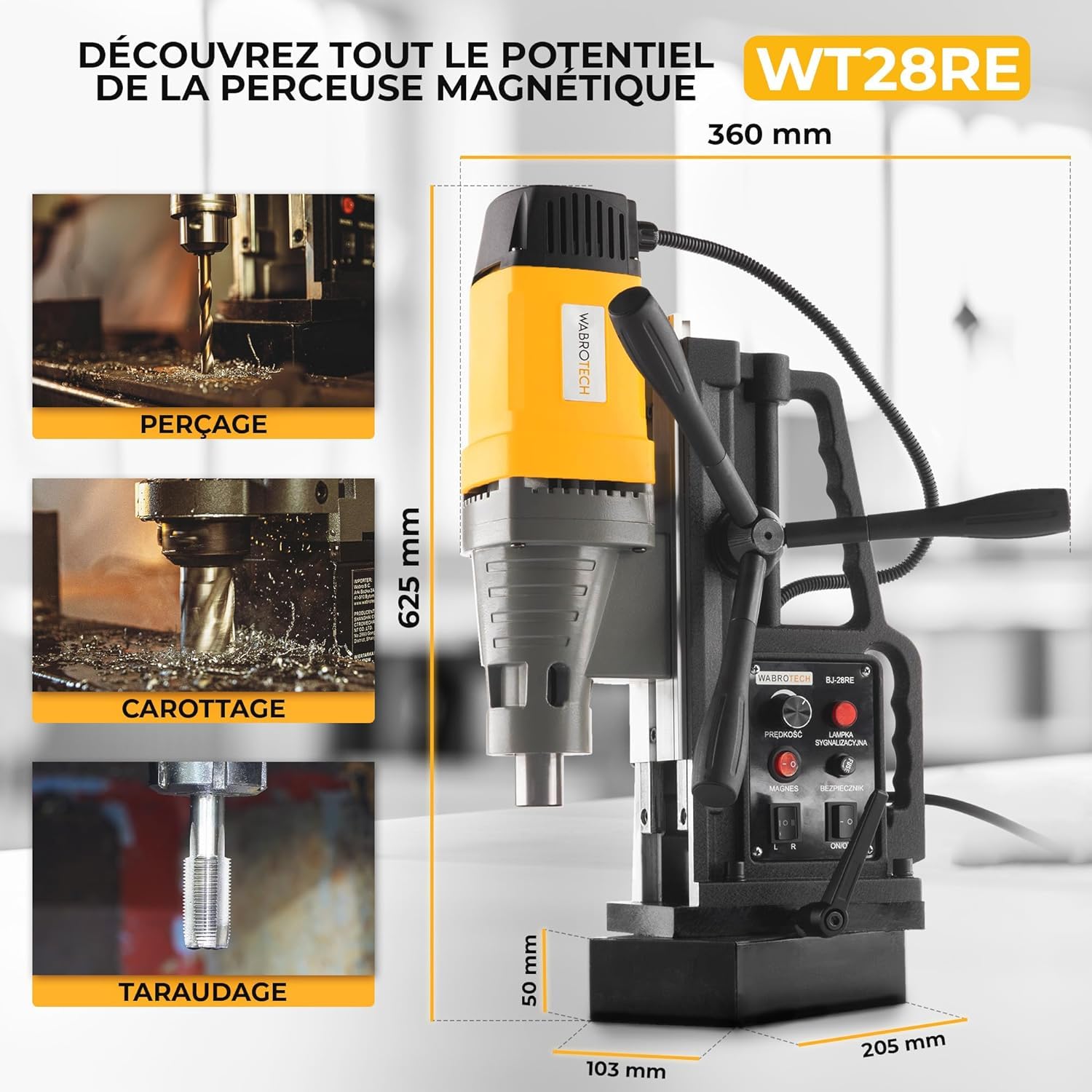 Perceuse Magnétique Carotteuse Fraiseuse Colonne Électro-Aimant WT28RE, FI 60 MM SET 3 (2.080 W, 300 tr/min, Ø Carottage max. 60 mm,Ø Diamètre de perçage(plein): 28mm) +